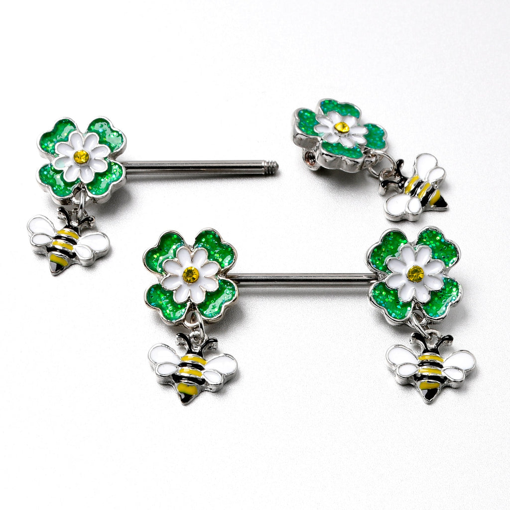BodyCandy 14G 9/16 Yellow Gem Daisy Bee Glittery Barbell Nipple Ring Set — in-use photo