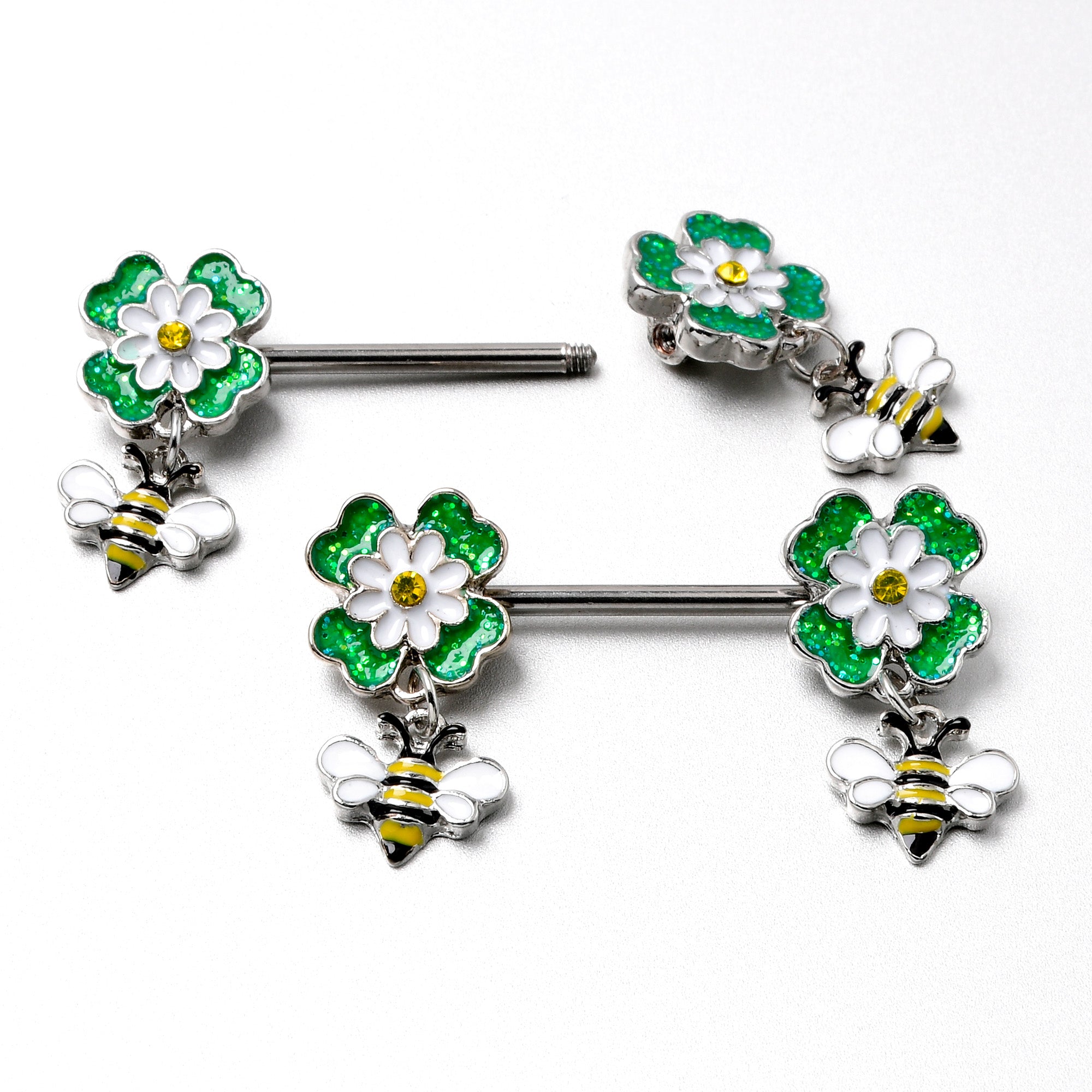 BodyCandy 14G 9/16 Yellow Gem Daisy Bee Glittery Barbell Nipple Ring Set — in-use photo