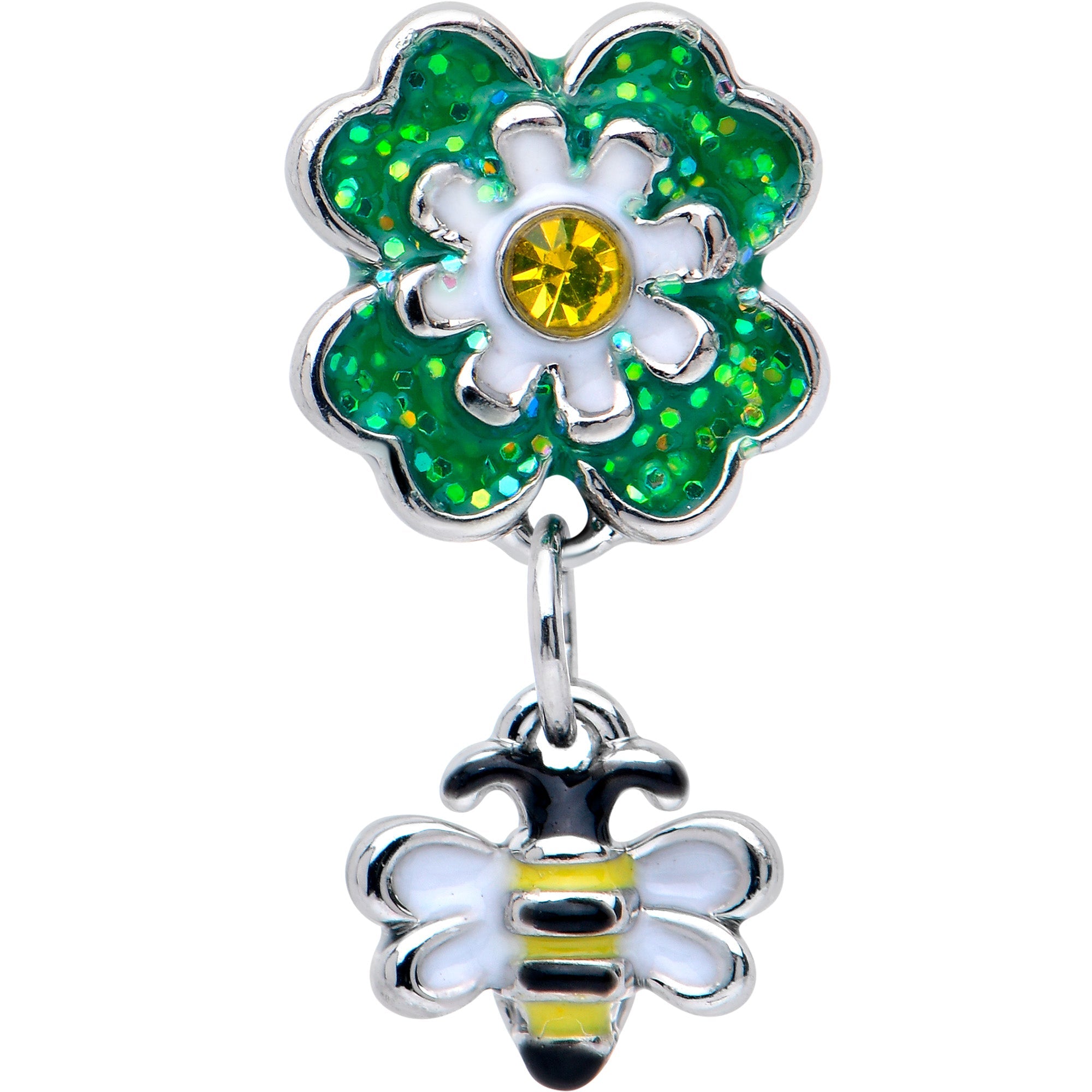 BodyCandy 16G 1/4 Yellow Gem Daisy Bee Glittery Cartilage Tragus Earring — detail close-up