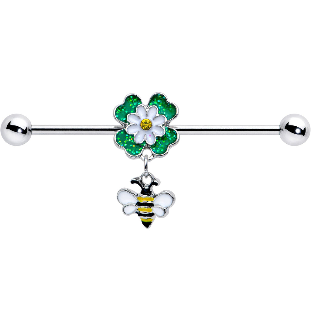 BodyCandy 14G Yellow Gem Daisy Bee Glittery Dangle Industrial Barbell 38mm — detail close-up