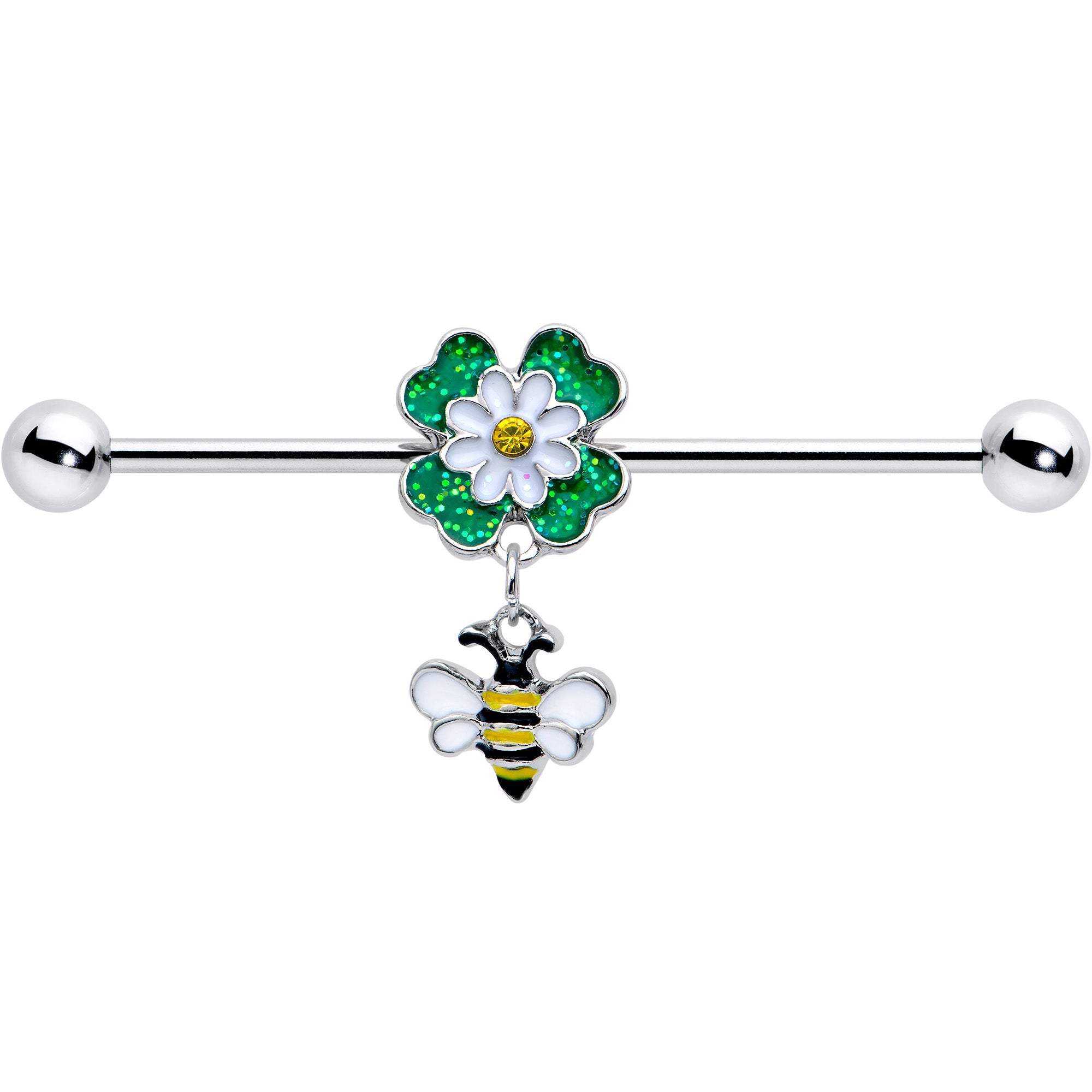 BodyCandy 14G Yellow Gem Daisy Bee Glittery Dangle Industrial Barbell 38mm — detail close-up