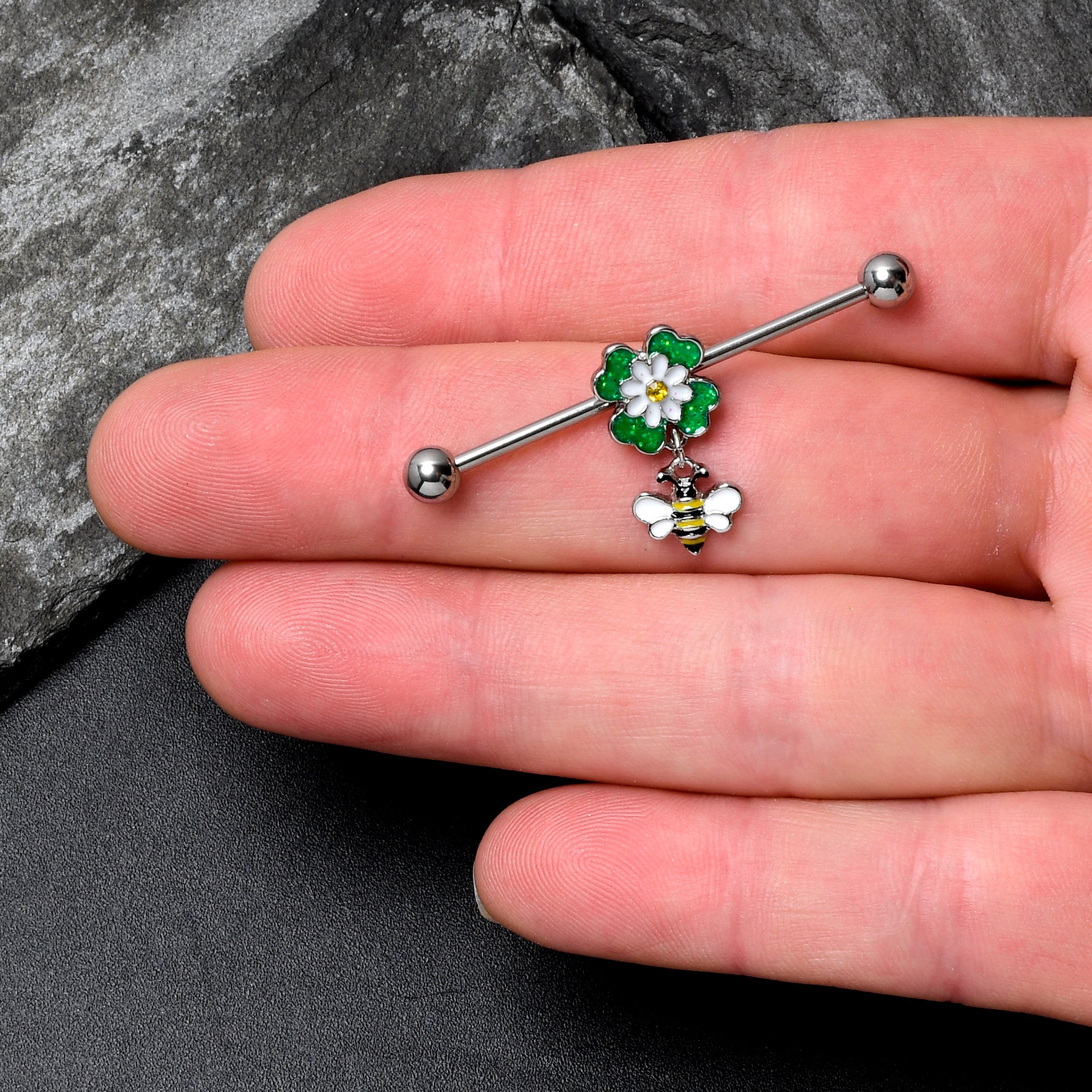 BodyCandy 14G Yellow Gem Daisy Bee Glittery Dangle Industrial Barbell 38mm — lifestyle context