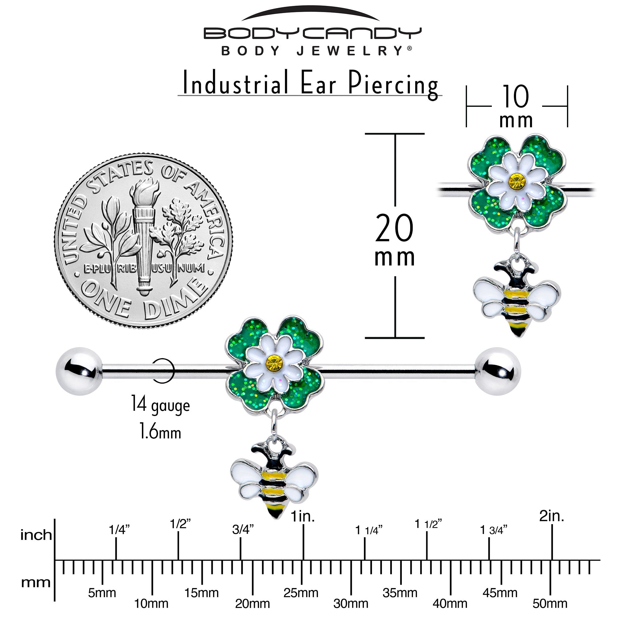 BodyCandy 14G Yellow Gem Daisy Bee Glittery Dangle Industrial Barbell 38mm — side view