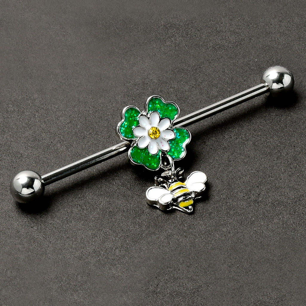 BodyCandy 14G Yellow Gem Daisy Bee Glittery Dangle Industrial Barbell 38mm — back view