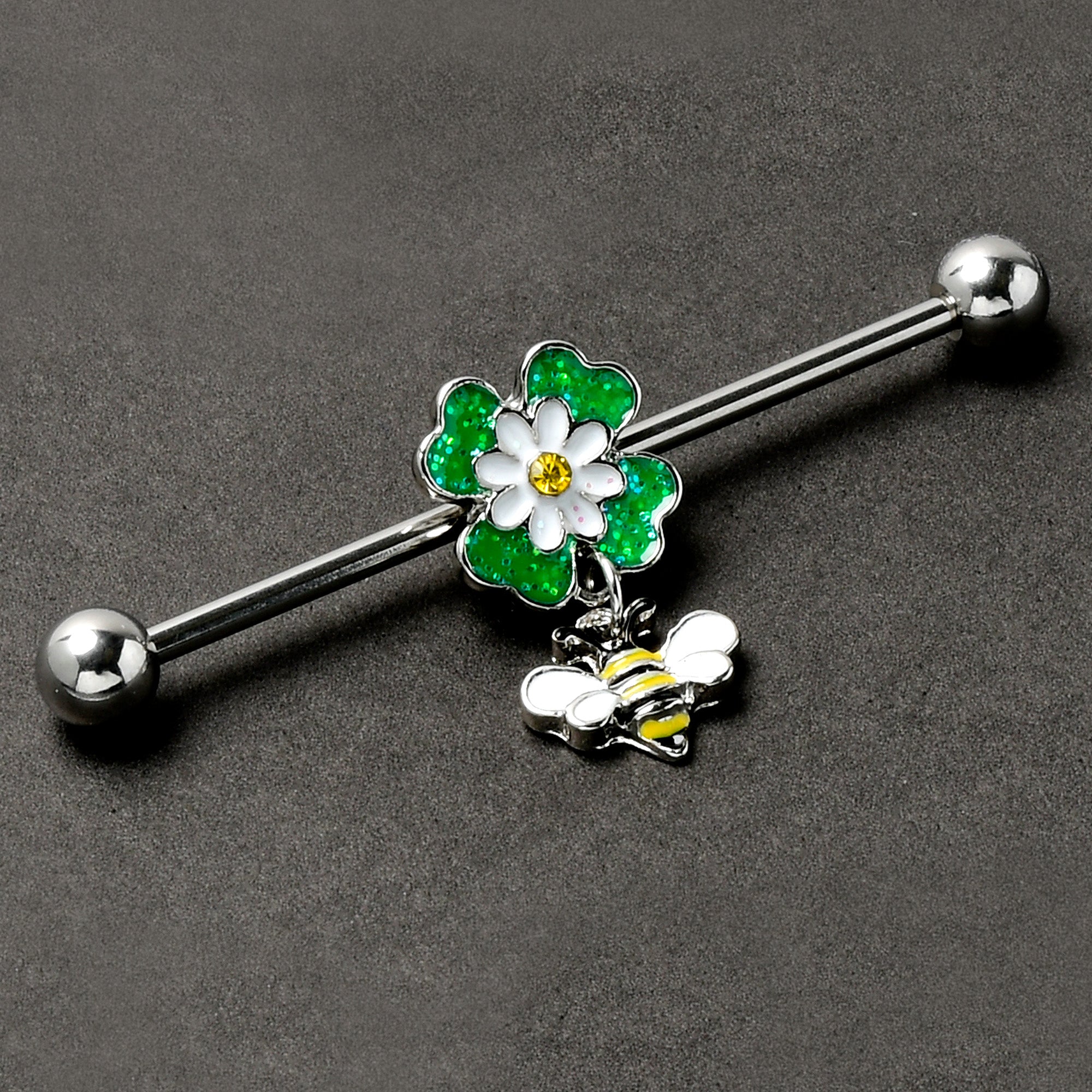 BodyCandy 14G Yellow Gem Daisy Bee Glittery Dangle Industrial Barbell 38mm — back view