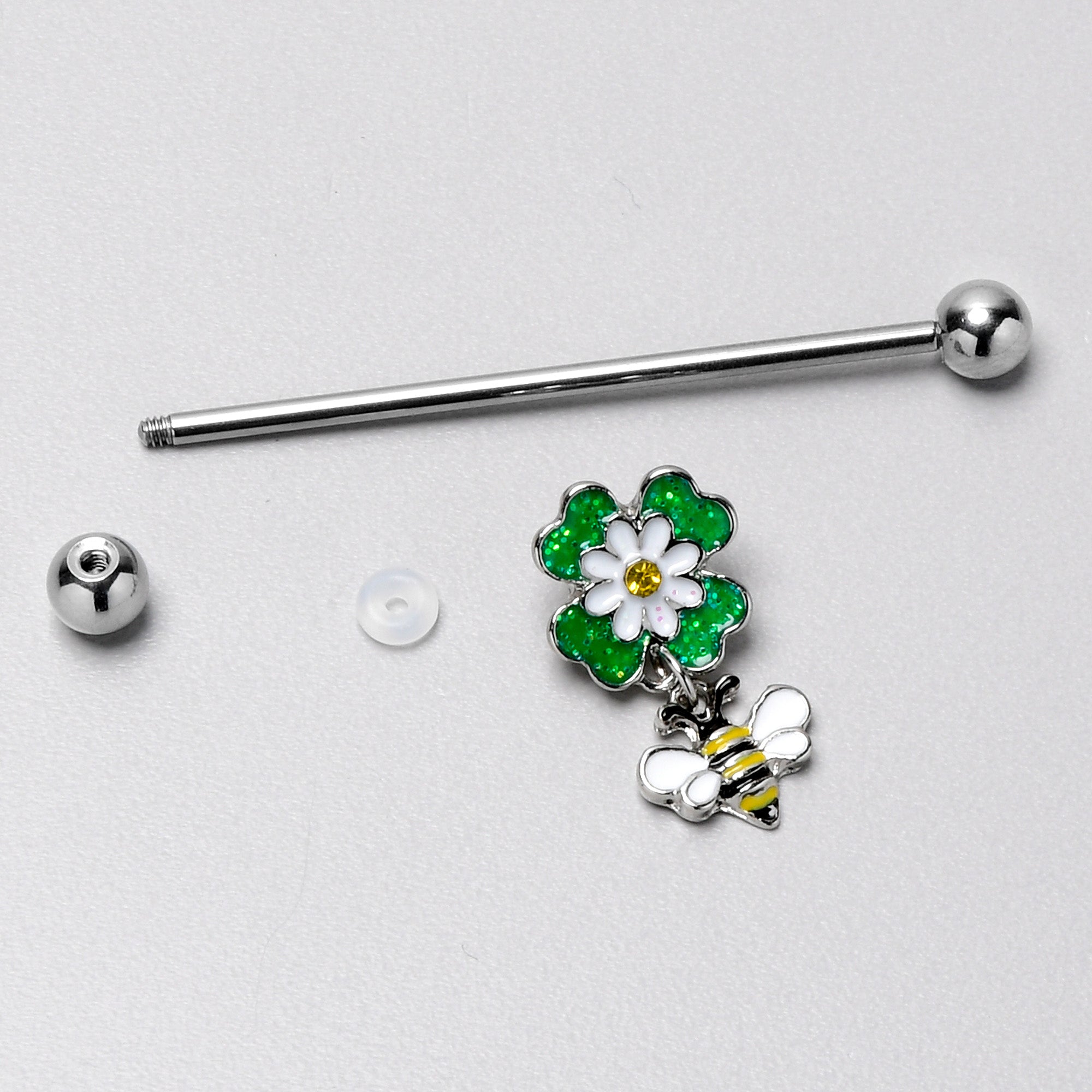 BodyCandy 14G Yellow Gem Daisy Bee Glittery Dangle Industrial Barbell 38mm — in-use photo