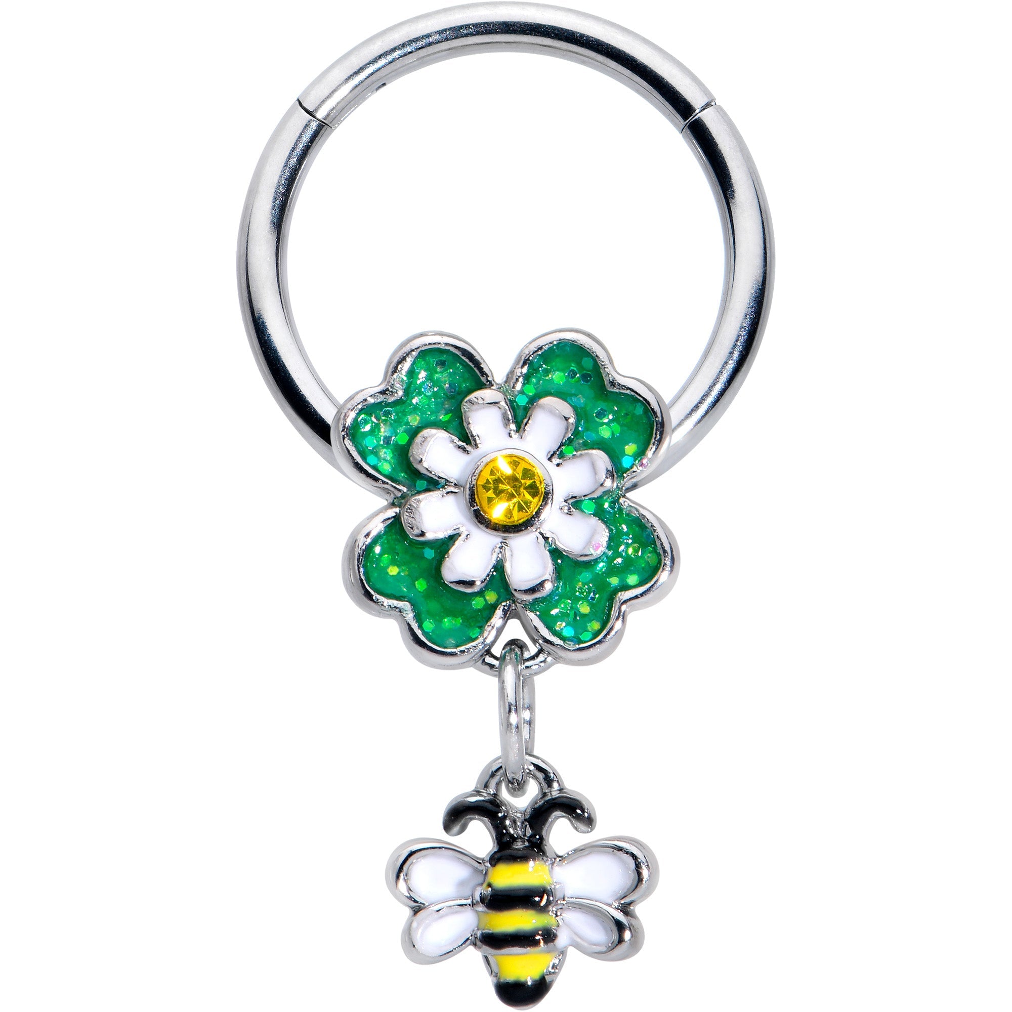 BodyCandy 16G 3/8 Yellow Gem Daisy Bee Glitter Dangle Hinged Segment Ring — main product shot
