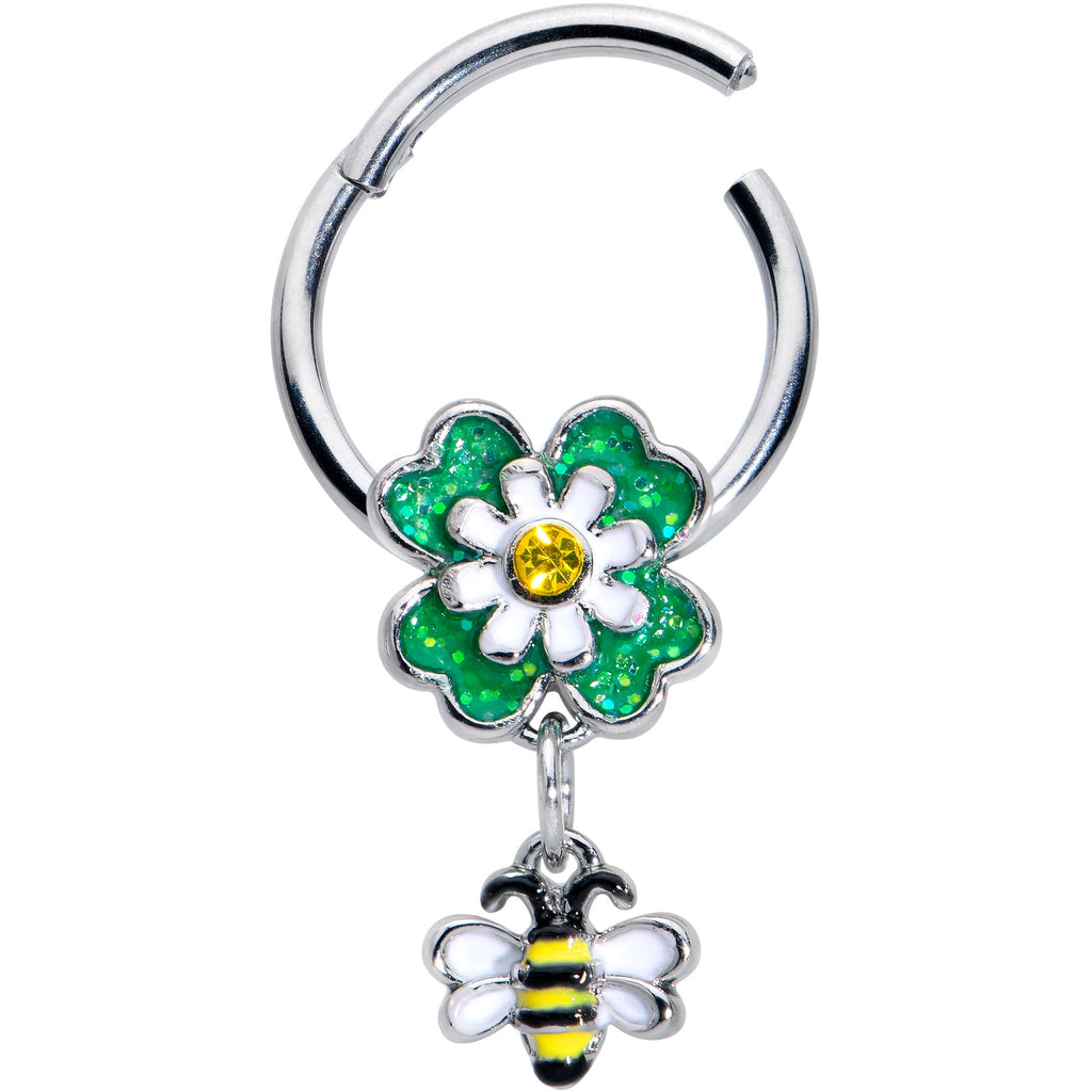 BodyCandy 16G 3/8 Yellow Gem Daisy Bee Glitter Dangle Hinged Segment Ring — detail close-up