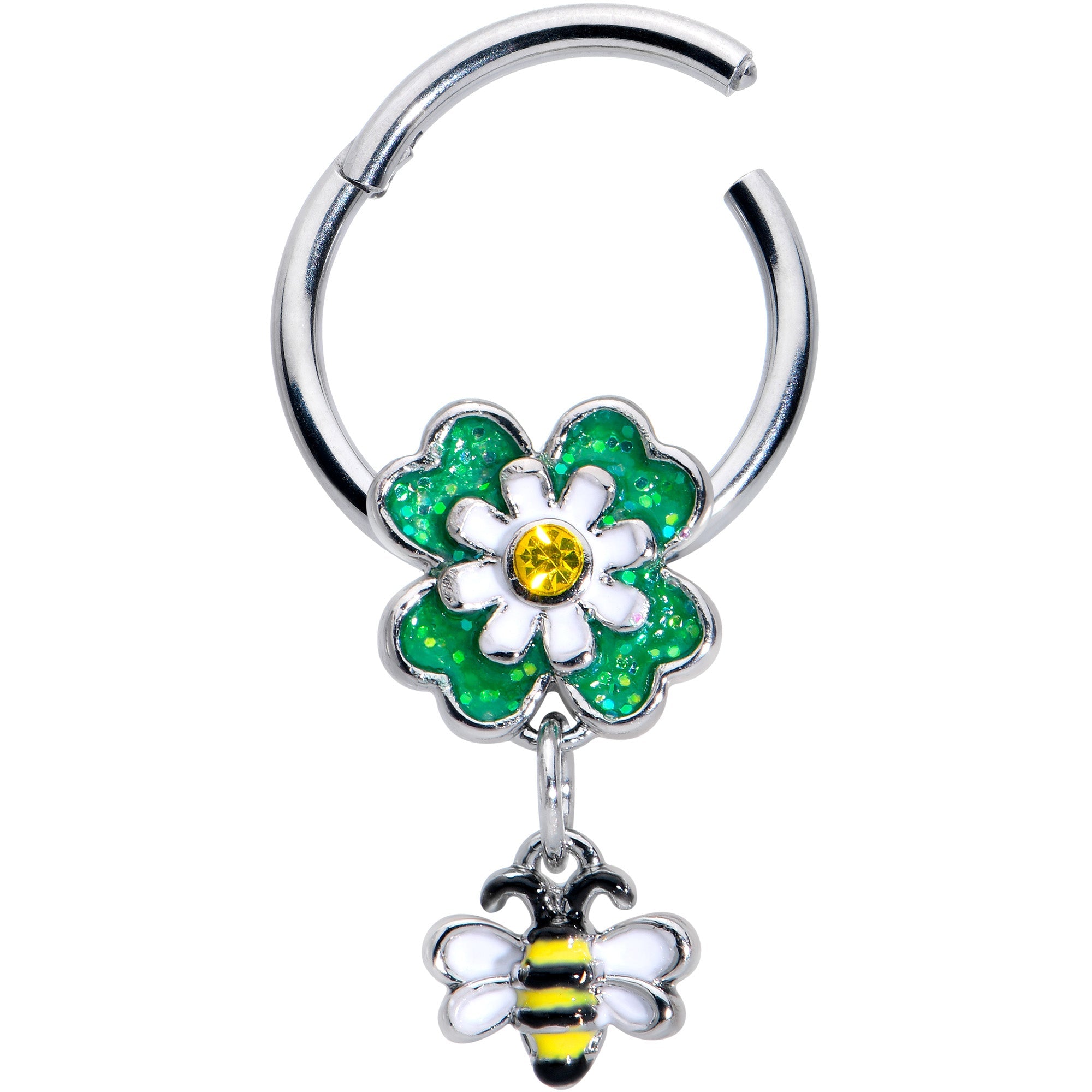 BodyCandy 16G 3/8 Yellow Gem Daisy Bee Glitter Dangle Hinged Segment Ring — detail close-up