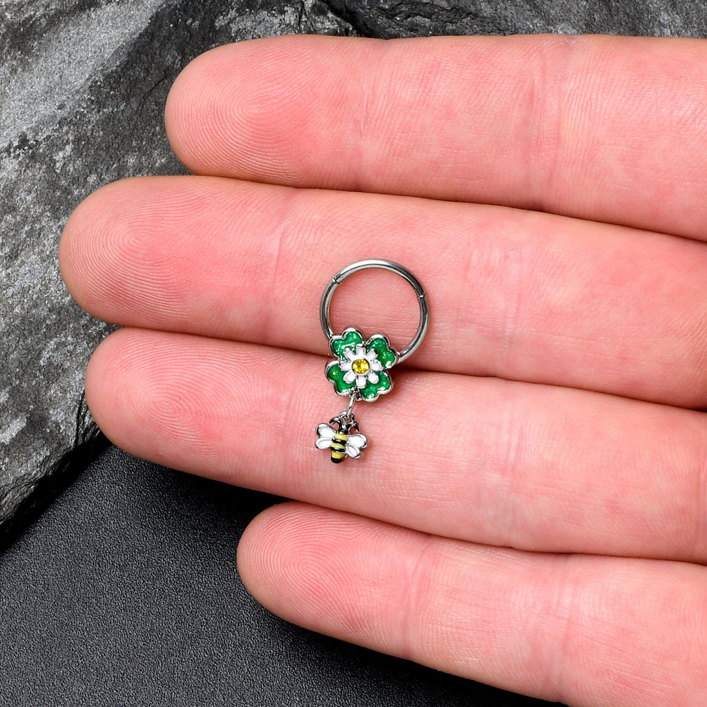 BodyCandy 16G 3/8 Yellow Gem Daisy Bee Glitter Dangle Hinged Segment Ring — lifestyle context