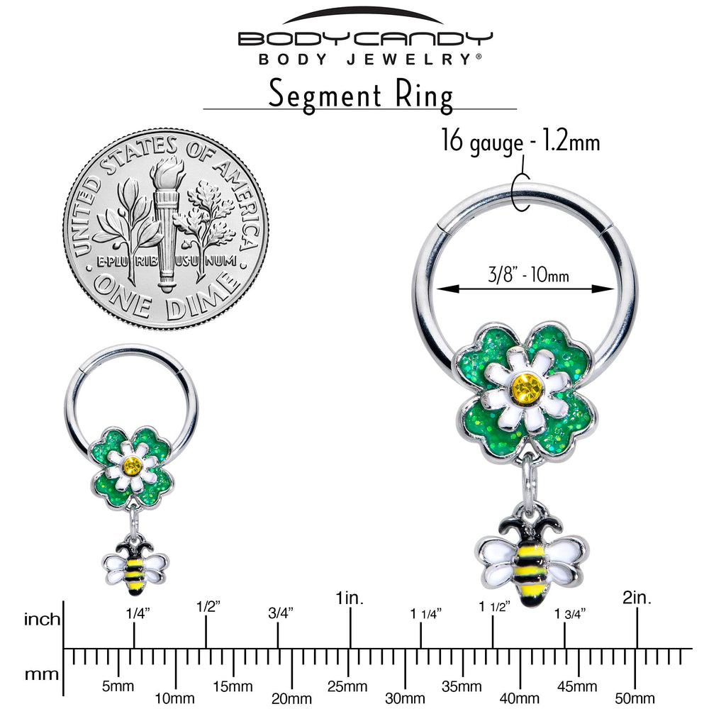 BodyCandy 16G 3/8 Yellow Gem Daisy Bee Glitter Dangle Hinged Segment Ring — side view