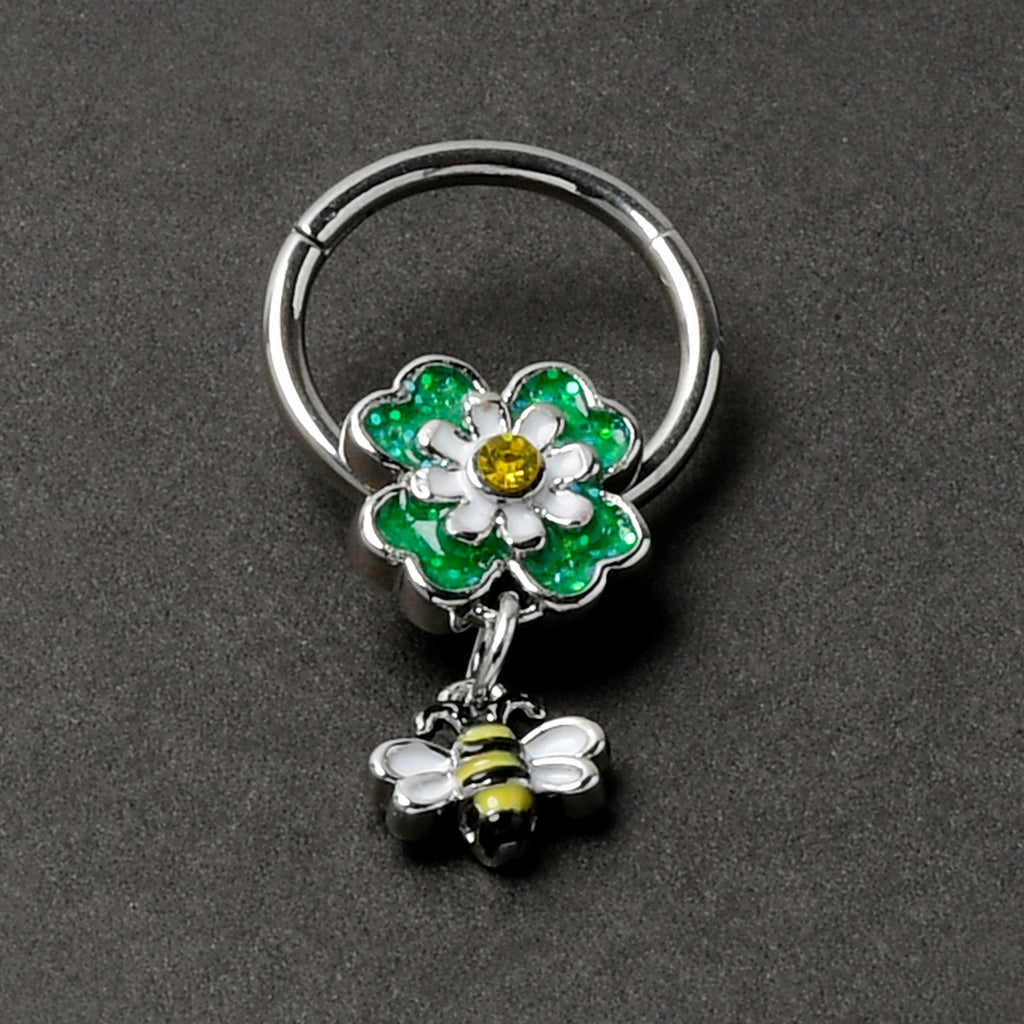 BodyCandy 16G 3/8 Yellow Gem Daisy Bee Glitter Dangle Hinged Segment Ring — back view