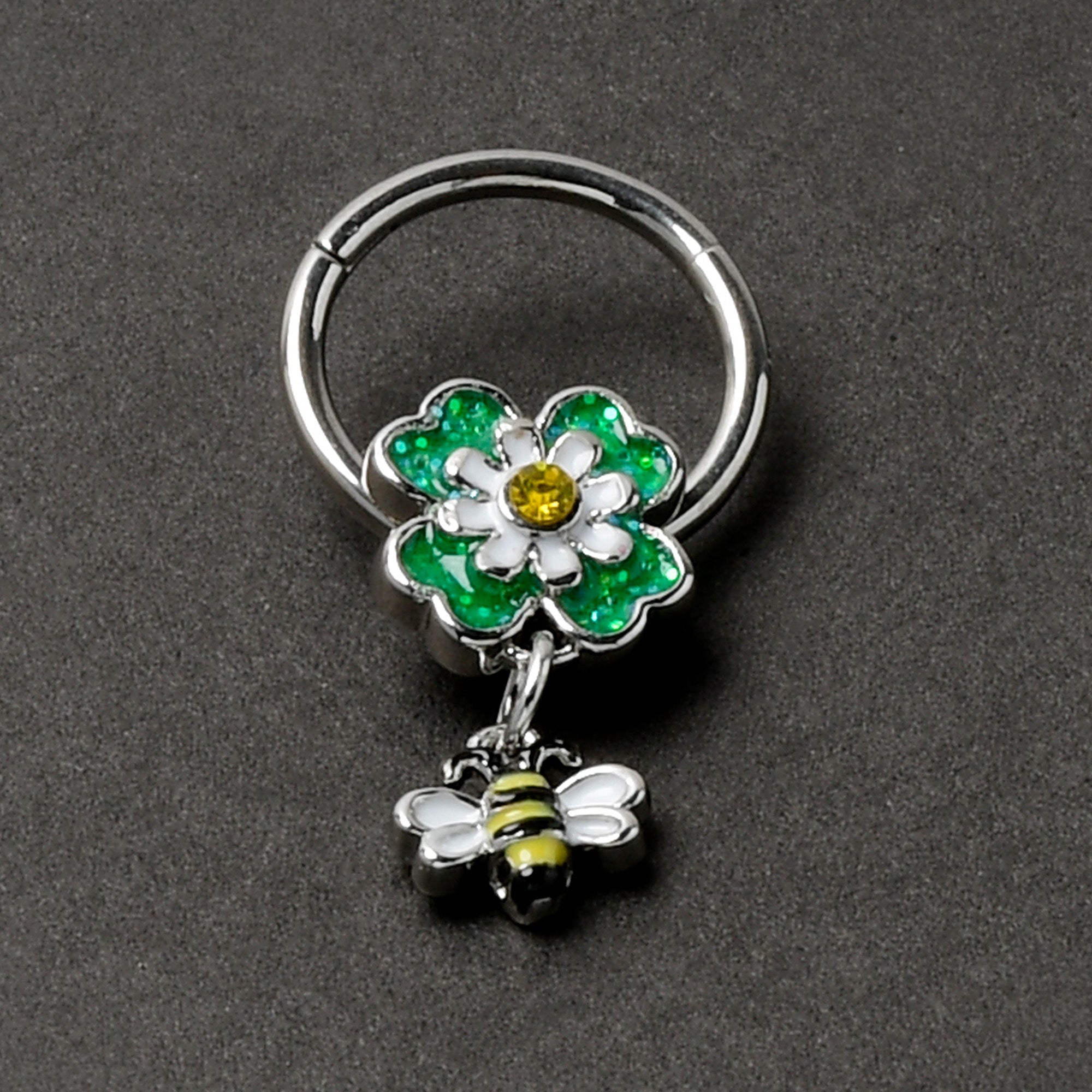 BodyCandy 16G 3/8 Yellow Gem Daisy Bee Glitter Dangle Hinged Segment Ring — back view