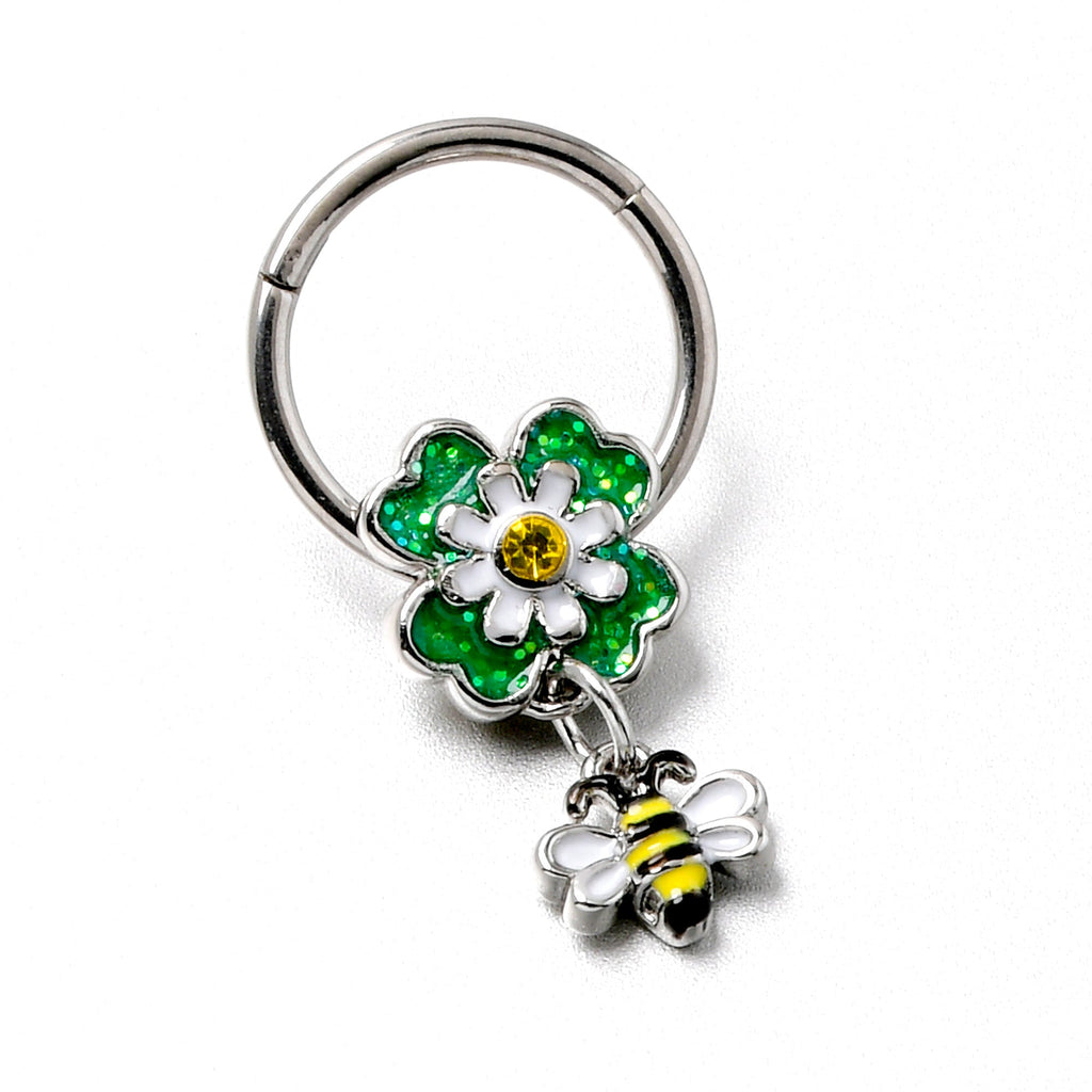 BodyCandy 16G 3/8 Yellow Gem Daisy Bee Glitter Dangle Hinged Segment Ring — alternative angle