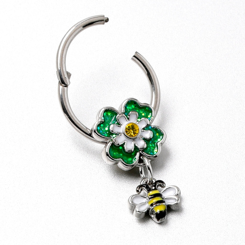 BodyCandy 16G 3/8 Yellow Gem Daisy Bee Glitter Dangle Hinged Segment Ring — in-use photo