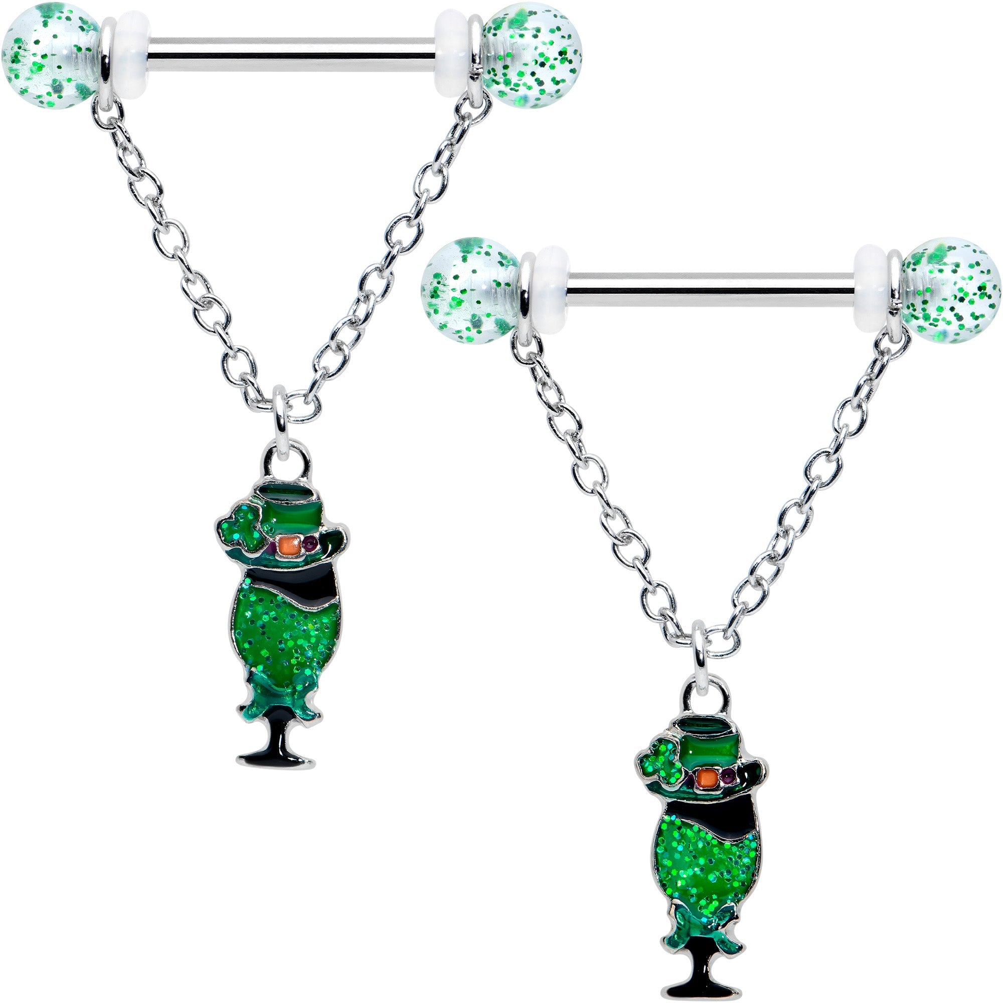 BodyCandy 14G 9/16 Fancy Leprechaun St Patricks Chain Dangle Nipple Ring Set — main product shot