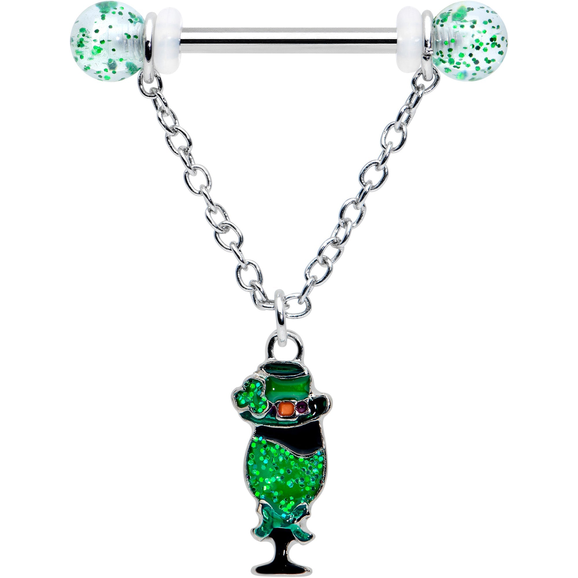 BodyCandy 14G 9/16 Fancy Leprechaun St Patricks Chain Dangle Nipple Ring Set — detail close-up