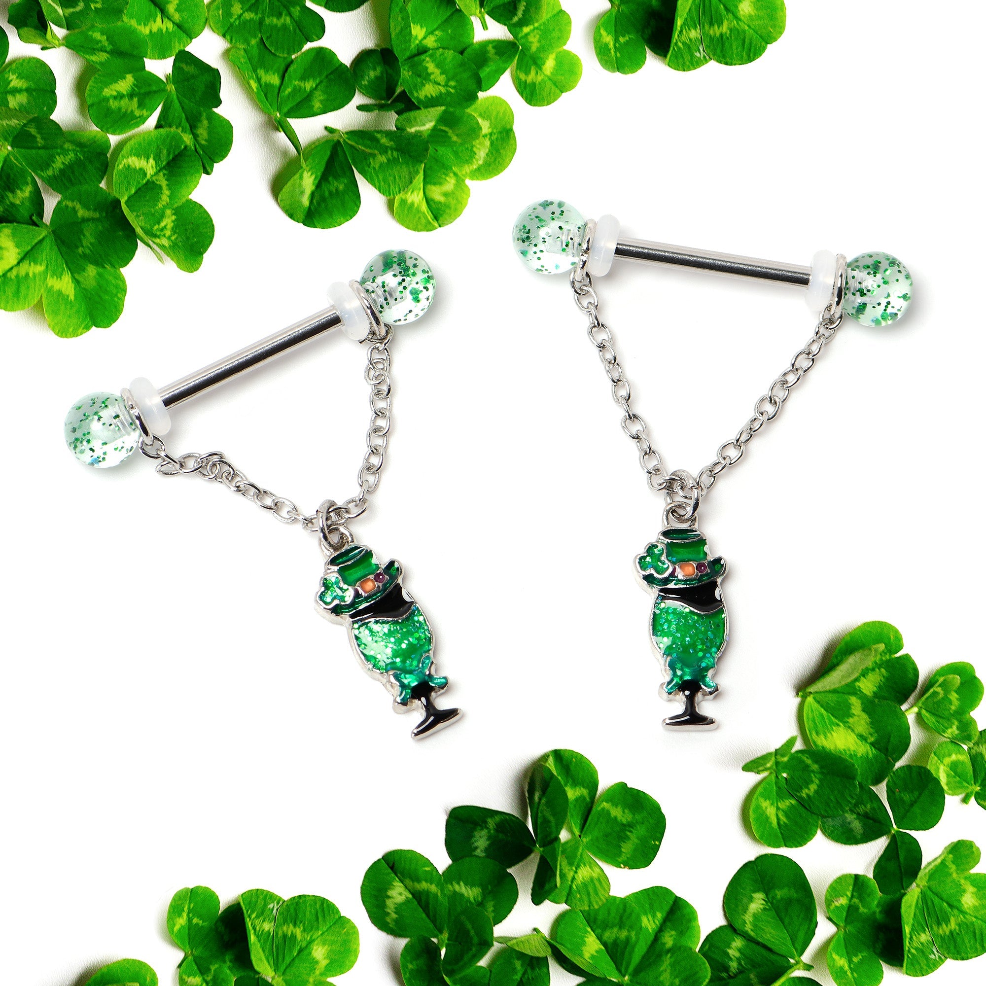 BodyCandy 14G 9/16 Fancy Leprechaun St Patricks Chain Dangle Nipple Ring Set — side view