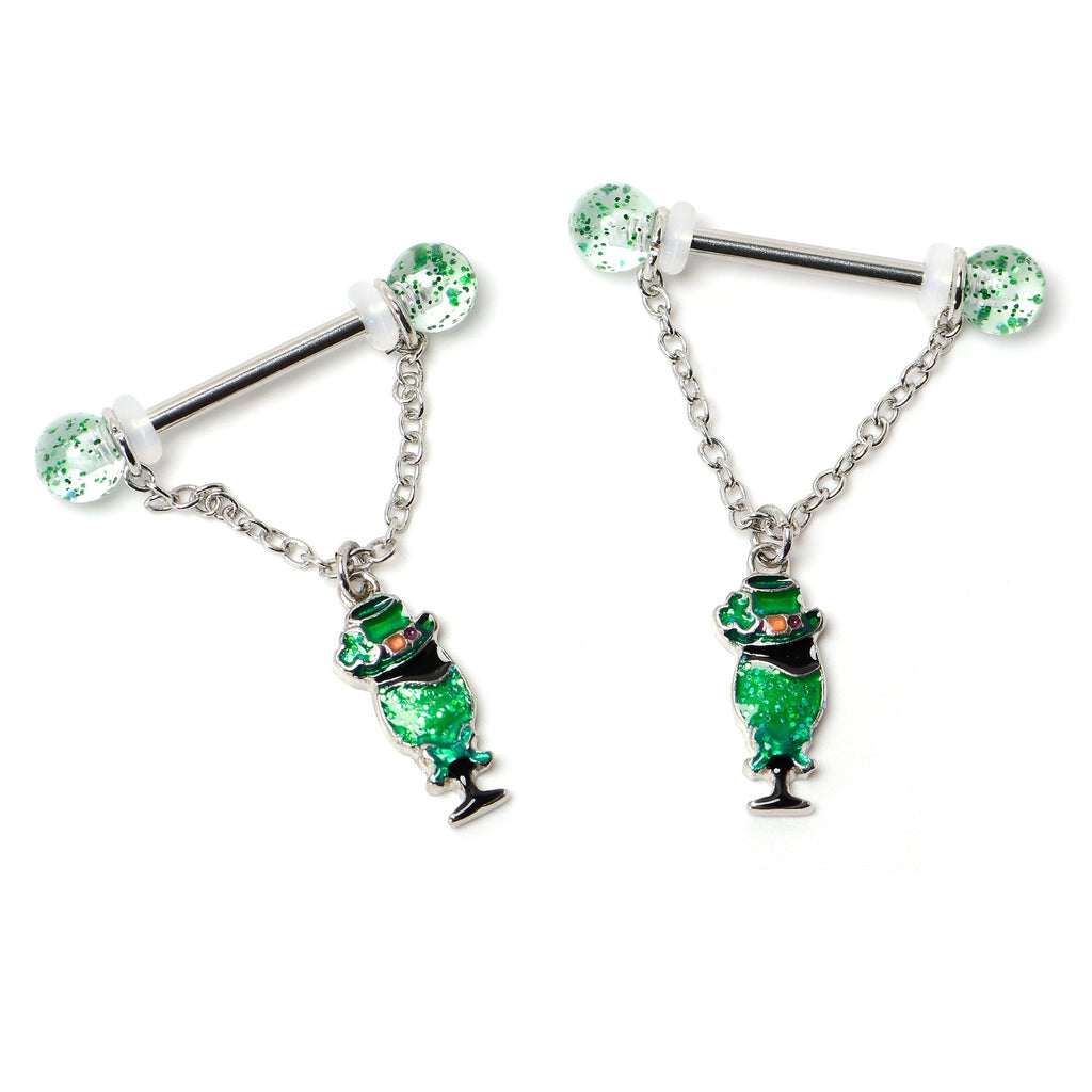 BodyCandy 14G 9/16 Fancy Leprechaun St Patricks Chain Dangle Nipple Ring Set — back view