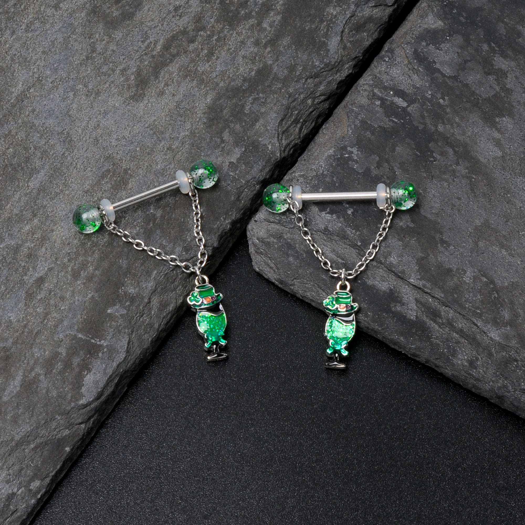 BodyCandy 14G 9/16 Fancy Leprechaun St Patricks Chain Dangle Nipple Ring Set — in-use photo