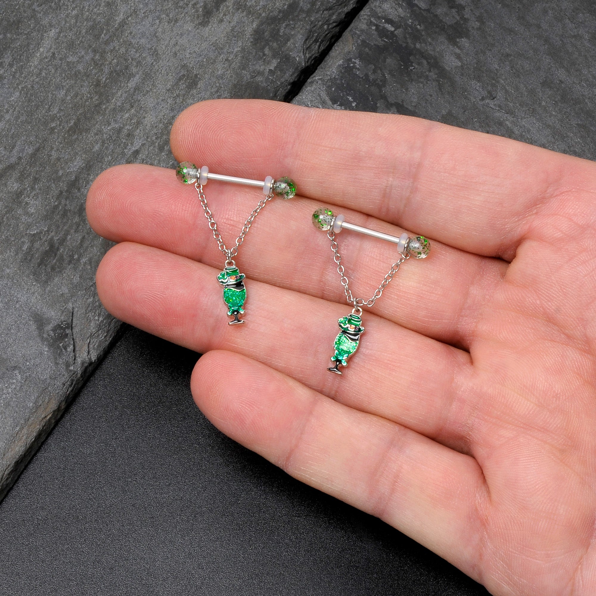 BodyCandy 14G 9/16 Fancy Leprechaun St Patricks Chain Dangle Nipple Ring Set — size reference