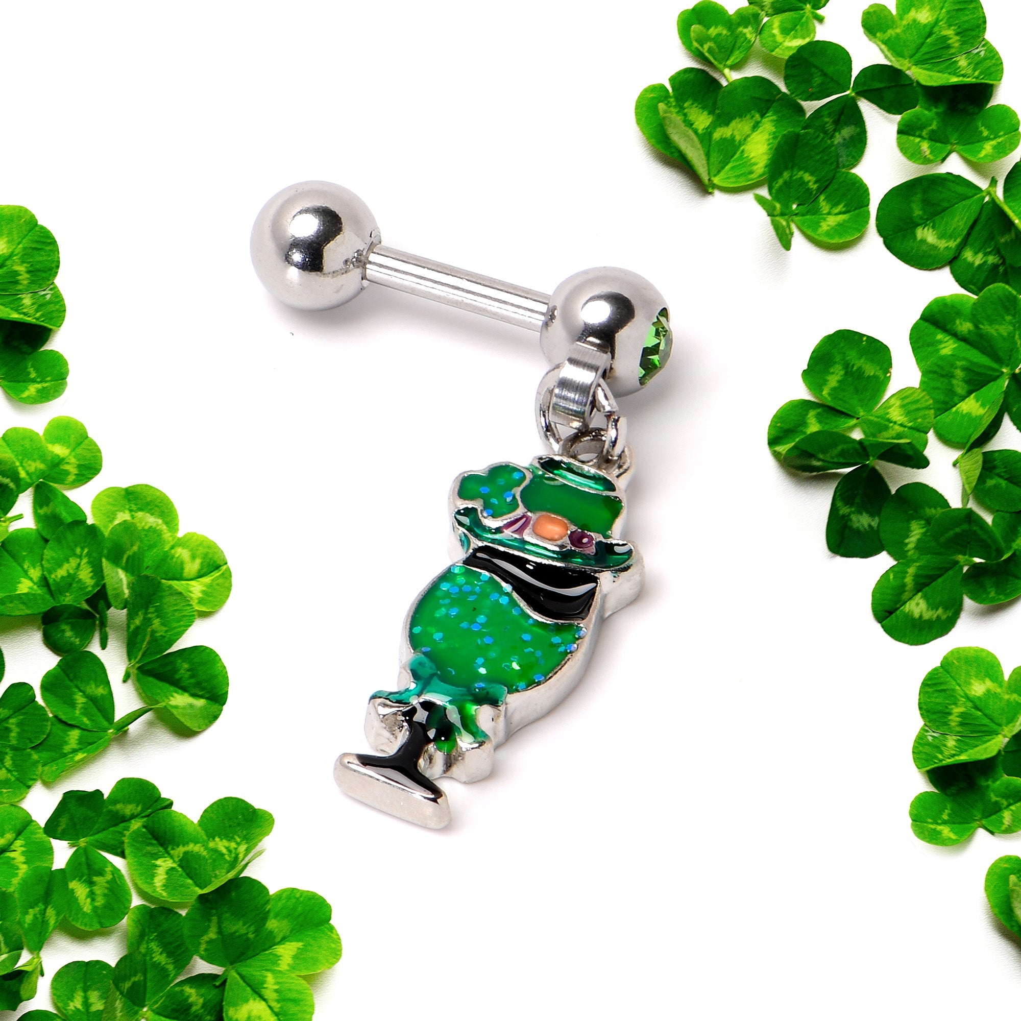 BodyCandy 16G 1/4 Green Gem Fancy Leprechaun Dangle Cartilage Tragus Earring — back view