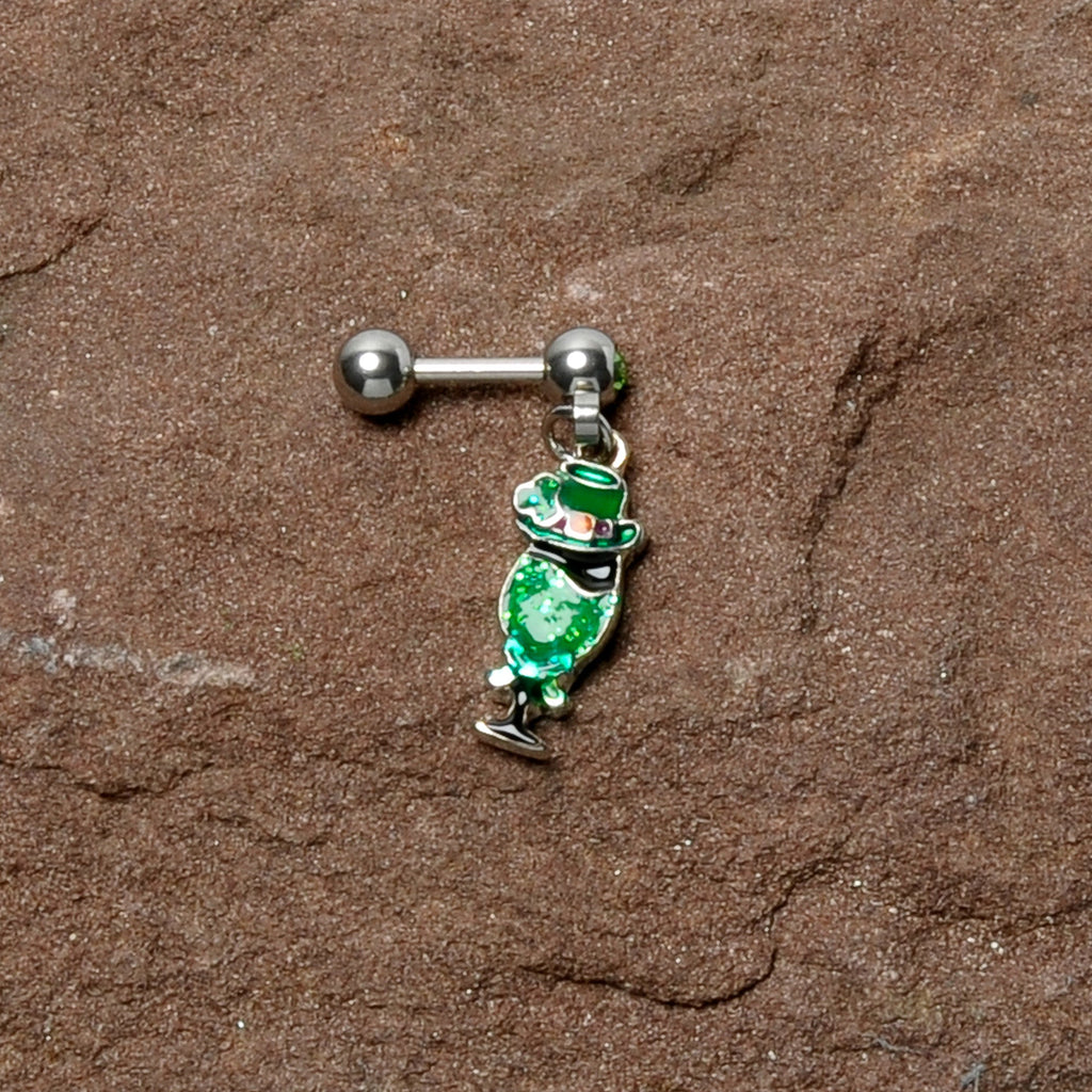 BodyCandy 16G 1/4 Green Gem Fancy Leprechaun Dangle Cartilage Tragus Earring — in-use photo