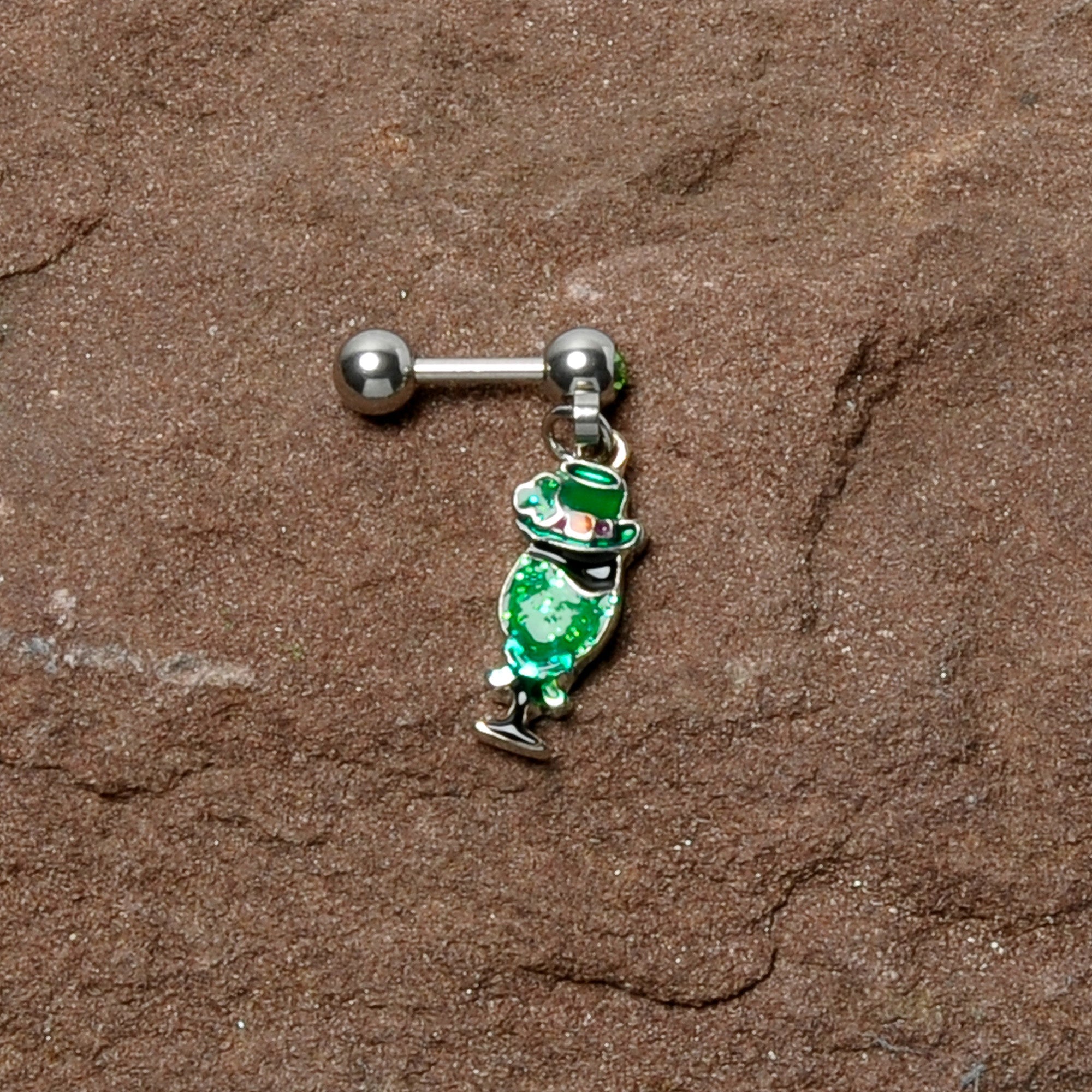 BodyCandy 16G 1/4 Green Gem Fancy Leprechaun Dangle Cartilage Tragus Earring — in-use photo