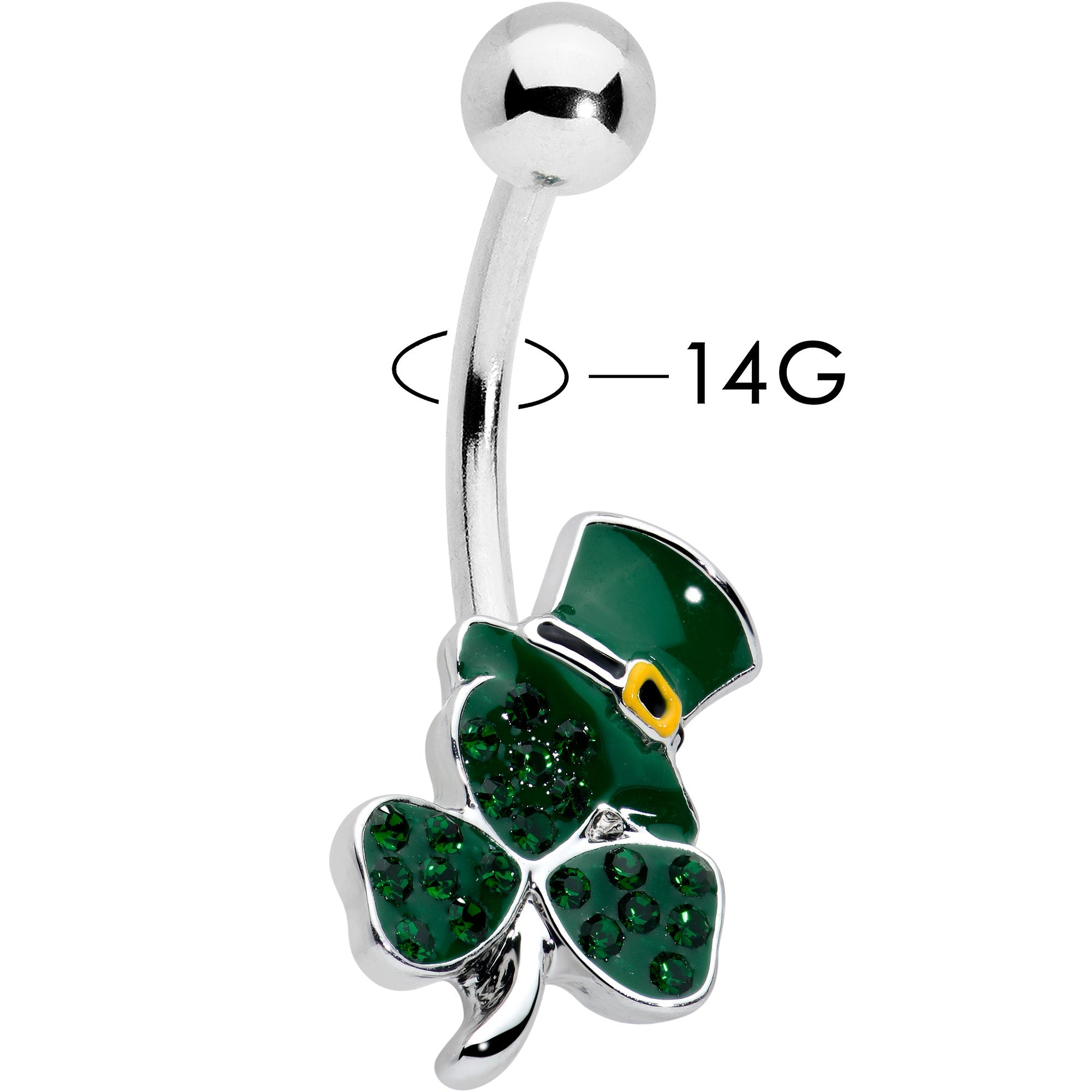 BodyCandy Green Gem Top Hat Shamrock St Patricks Belly Ring — detail close-up