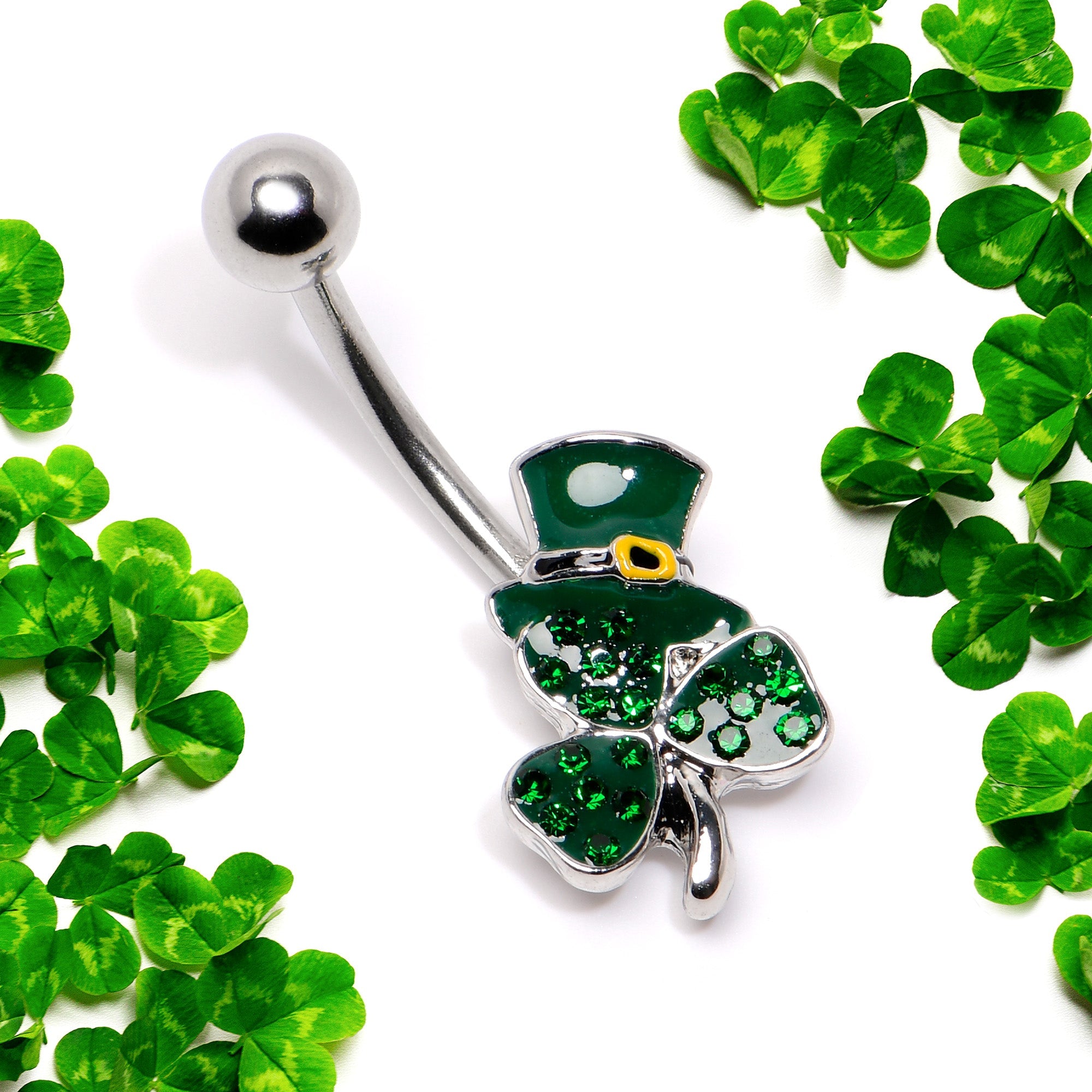 BodyCandy Green Gem Top Hat Shamrock St Patricks Belly Ring — side view
