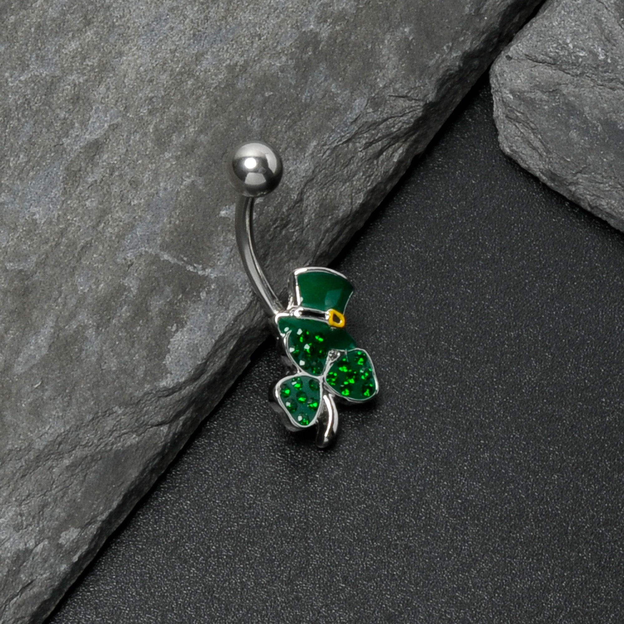 BodyCandy Green Gem Top Hat Shamrock St Patricks Belly Ring — in-use photo