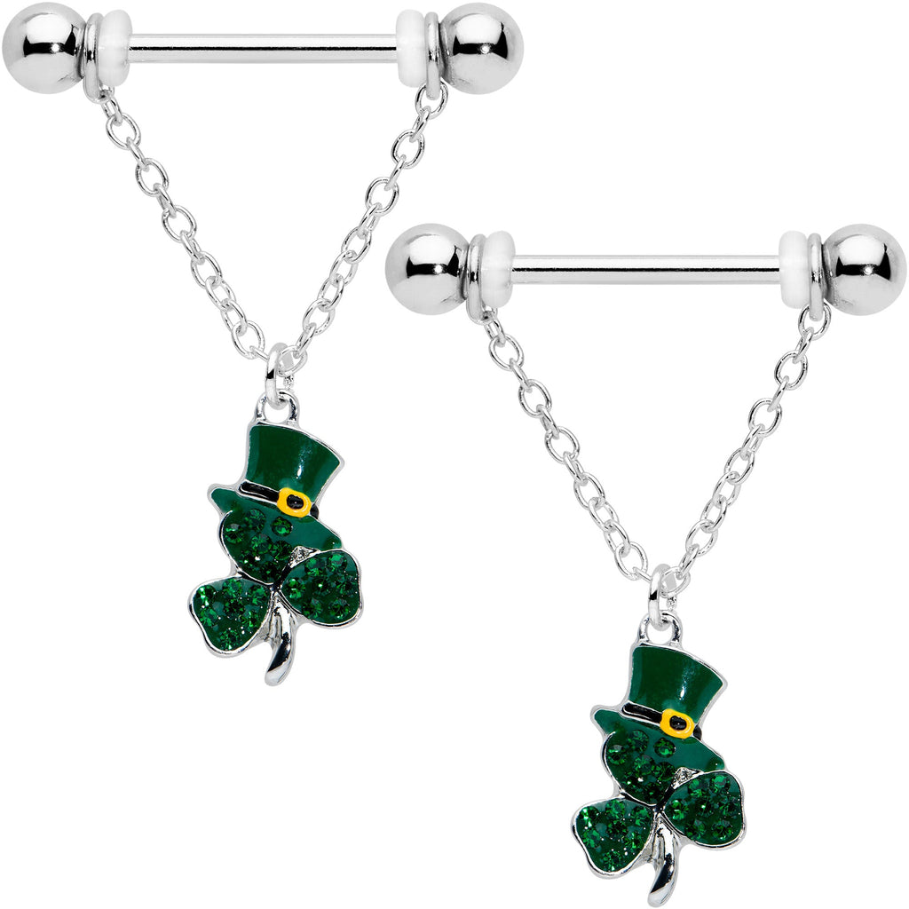 BodyCandy 14G 9/16 Green Gem Top Hat Shamrock Chain Dangle Nipple Ring Set — main product shot
