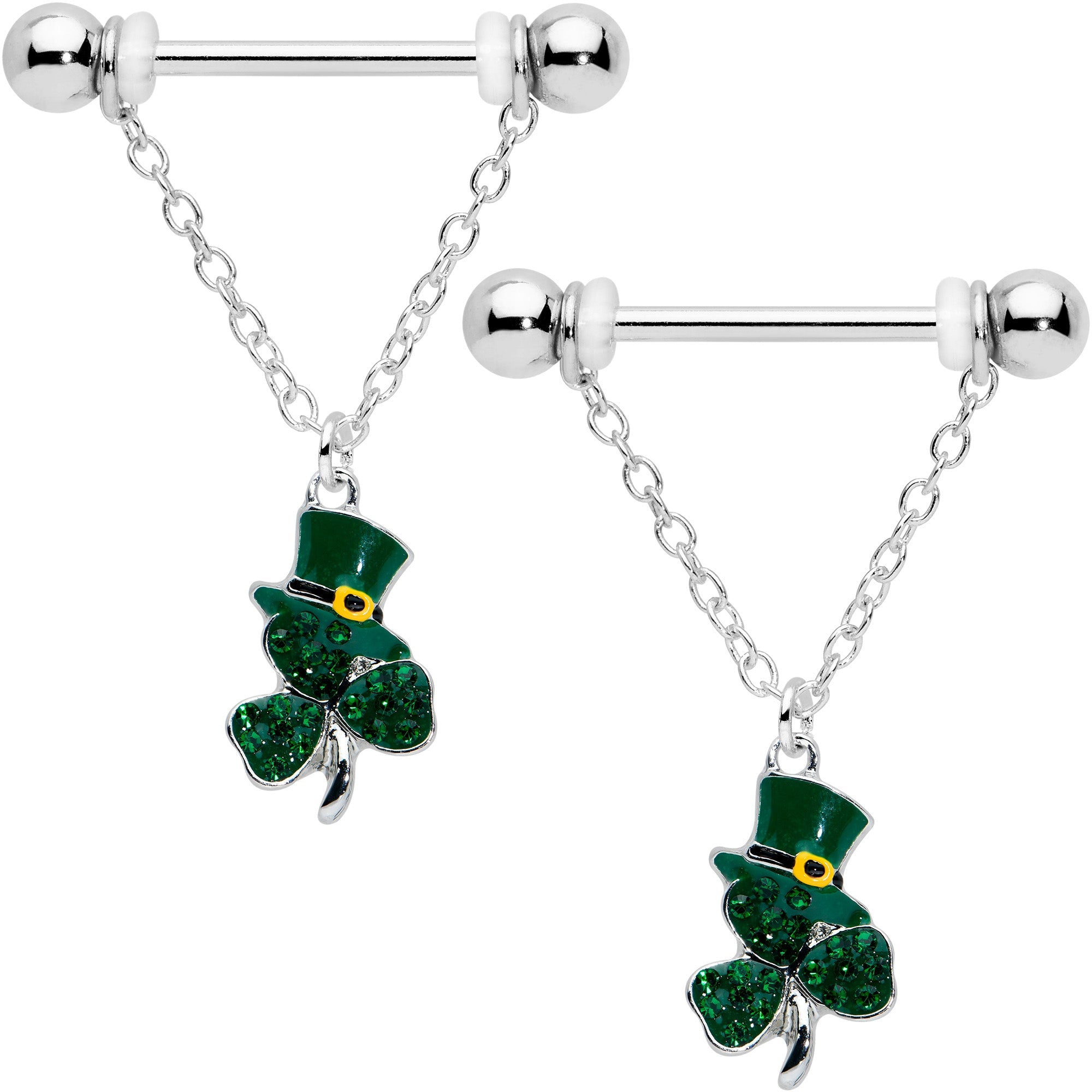 BodyCandy 14G 9/16 Green Gem Top Hat Shamrock Chain Dangle Nipple Ring Set — main product shot