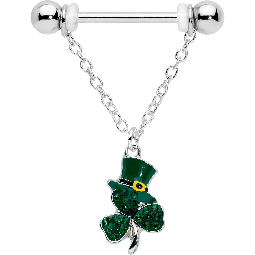 BodyCandy 14G 9/16 Green Gem Top Hat Shamrock Chain Dangle Nipple Ring Set — detail close-up