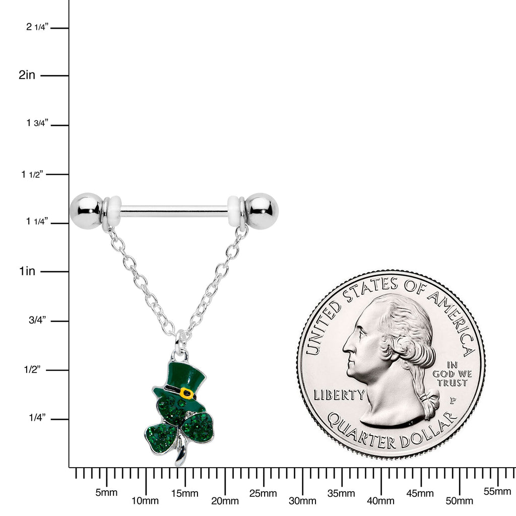 BodyCandy 14G 9/16 Green Gem Top Hat Shamrock Chain Dangle Nipple Ring Set — lifestyle context