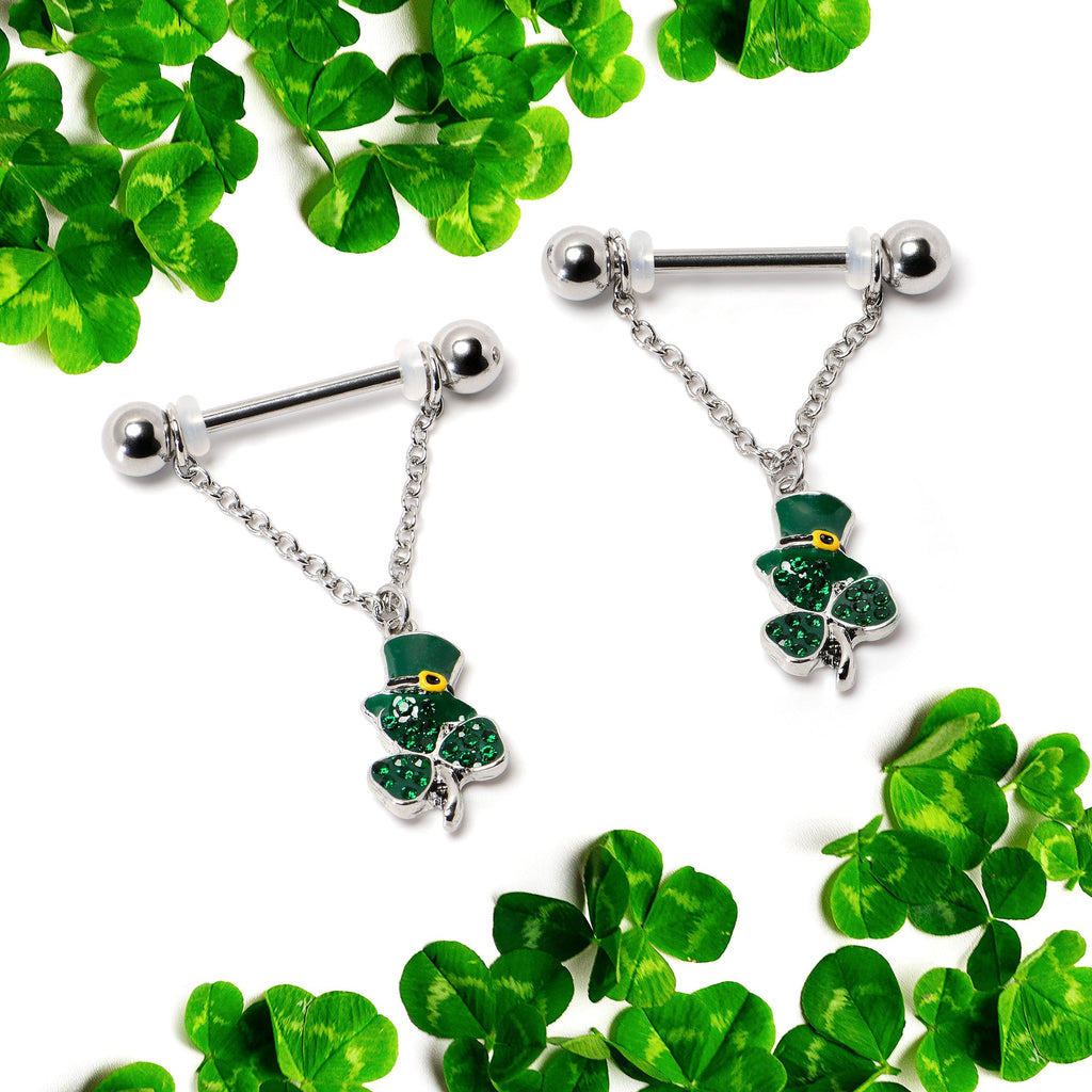 BodyCandy 14G 9/16 Green Gem Top Hat Shamrock Chain Dangle Nipple Ring Set — side view