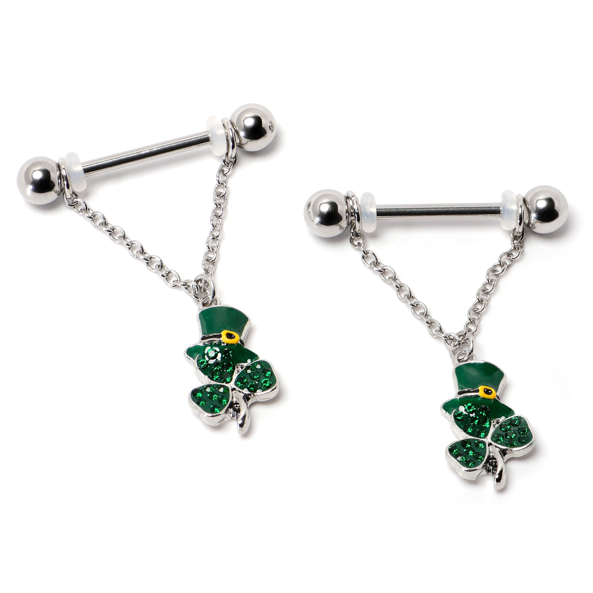 BodyCandy 14G 9/16 Green Gem Top Hat Shamrock Chain Dangle Nipple Ring Set — back view