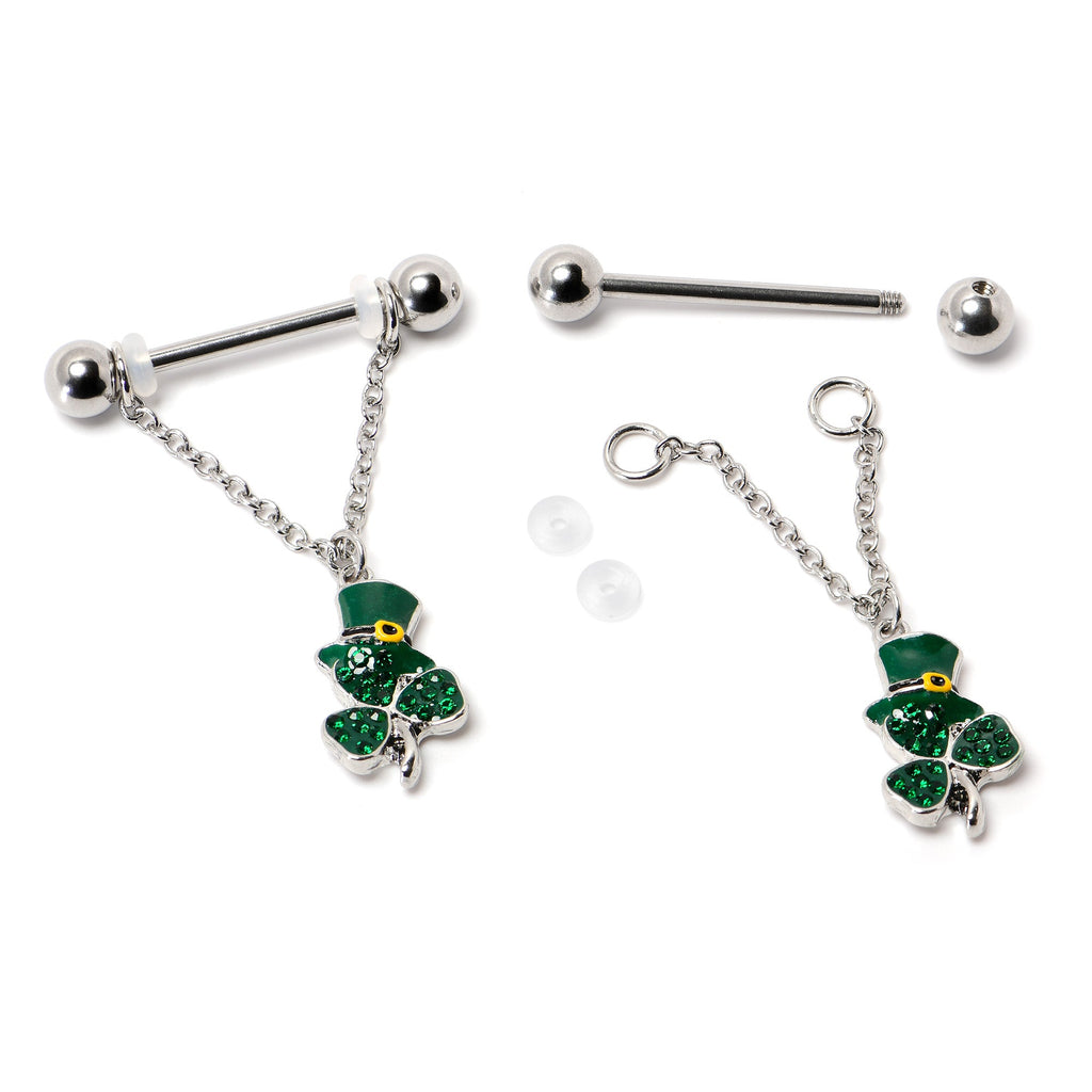 BodyCandy 14G 9/16 Green Gem Top Hat Shamrock Chain Dangle Nipple Ring Set — alternative angle