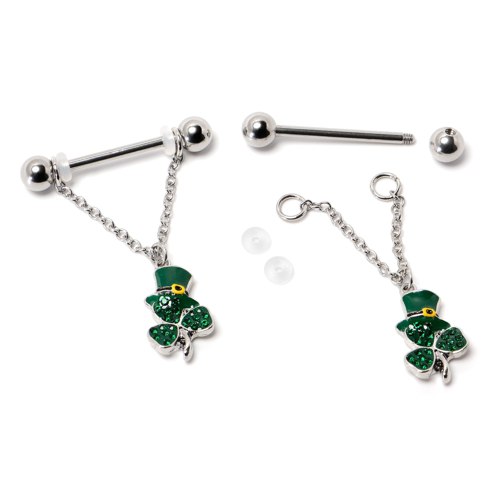BodyCandy 14G 9/16 Green Gem Top Hat Shamrock Chain Dangle Nipple Ring Set — alternative angle