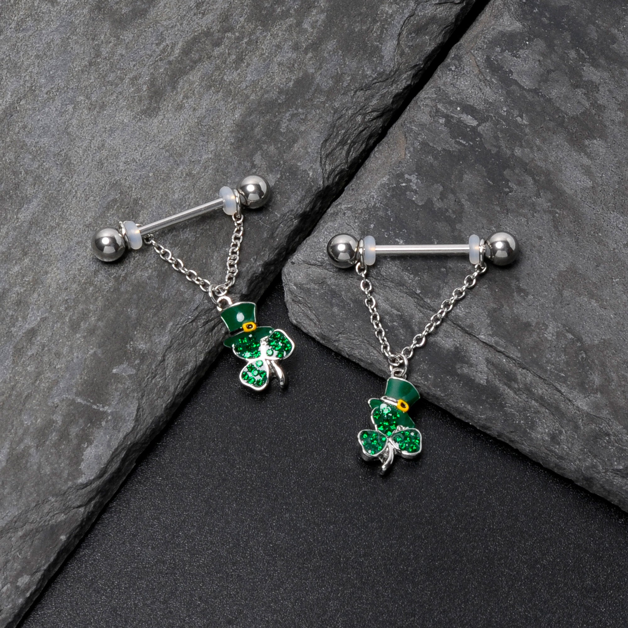 BodyCandy 14G 9/16 Green Gem Top Hat Shamrock Chain Dangle Nipple Ring Set — in-use photo