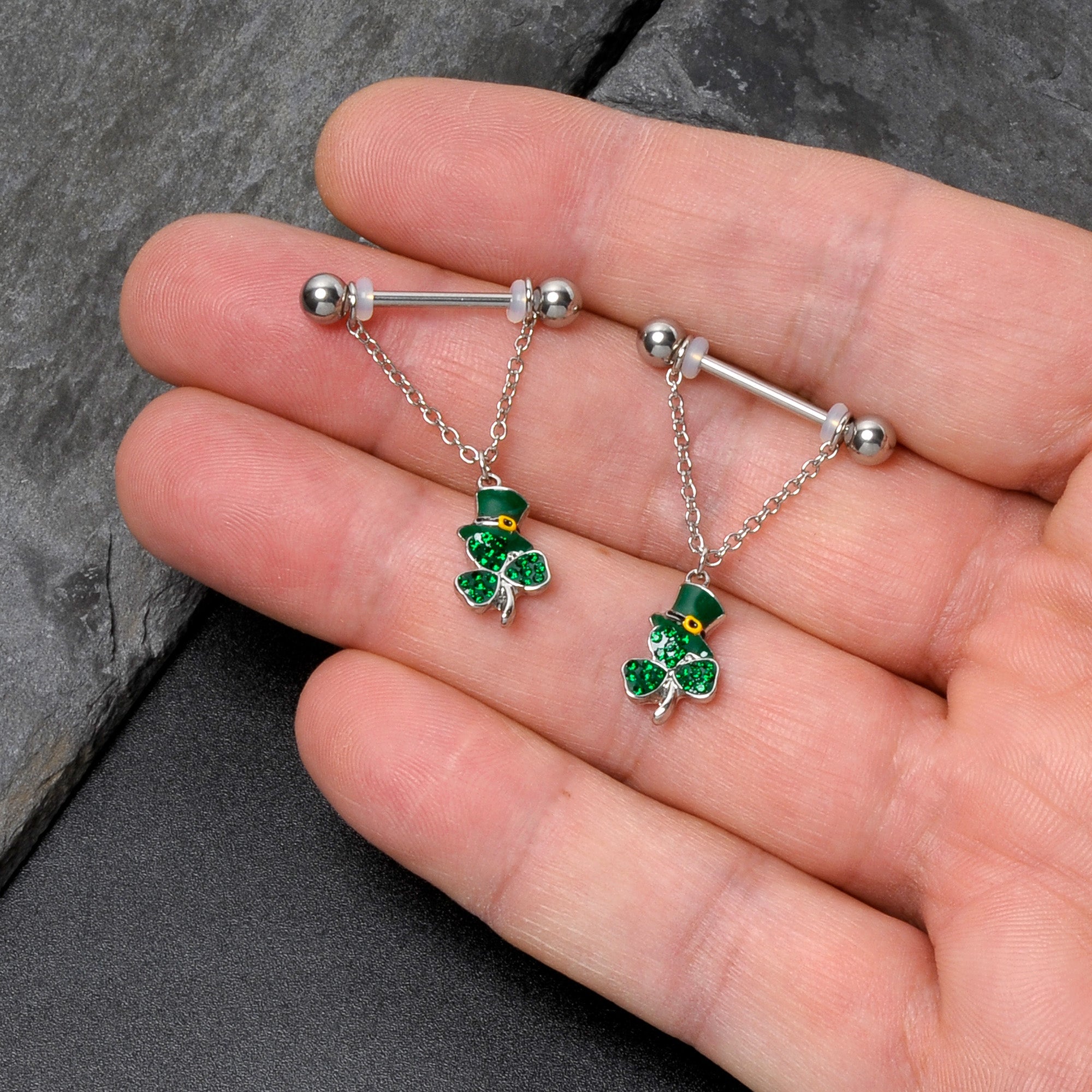 BodyCandy 14G 9/16 Green Gem Top Hat Shamrock Chain Dangle Nipple Ring Set — size reference