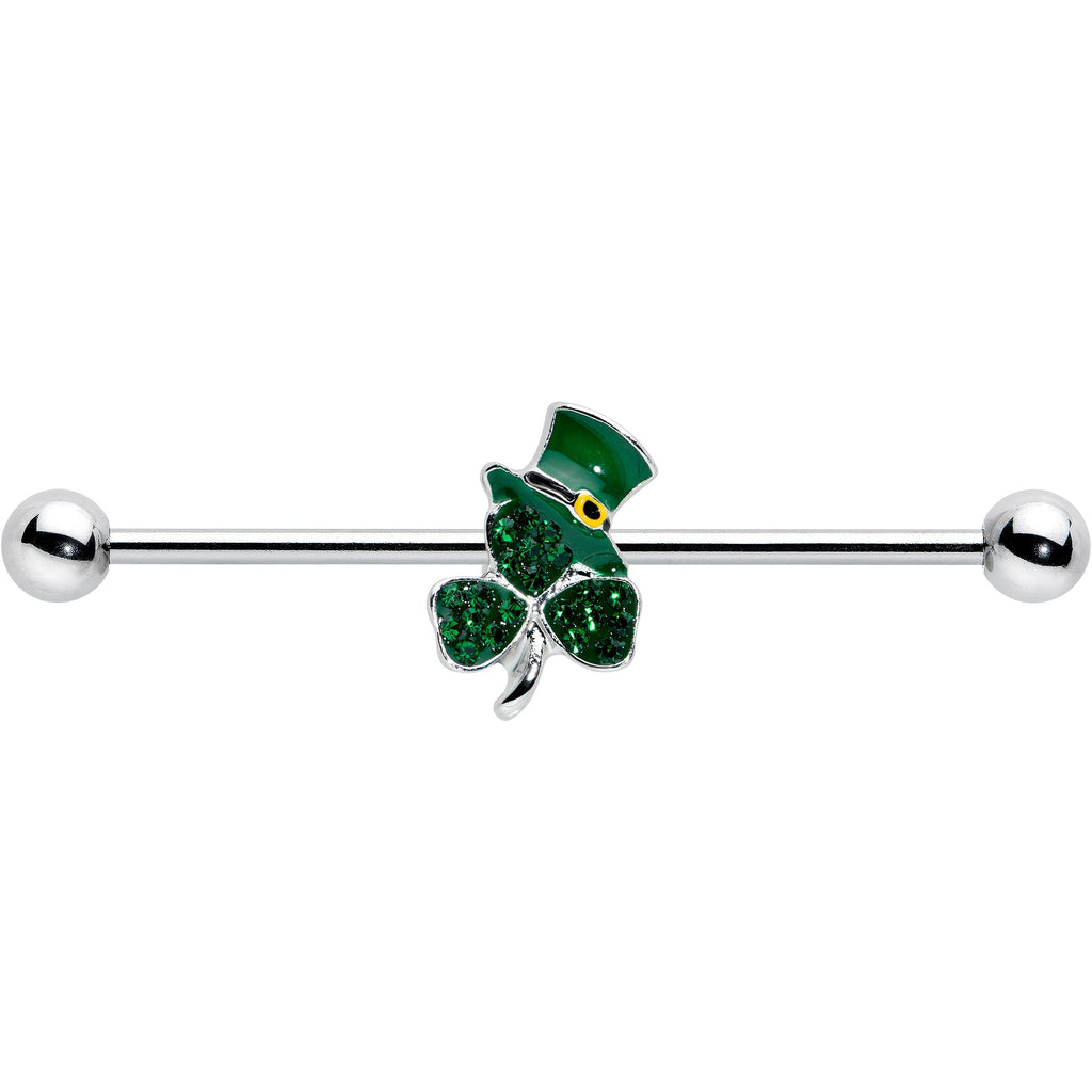 BodyCandy 14G Green Gem Top Hat Shamrock St Patricks Industrial Barbell 38mm — detail close-up