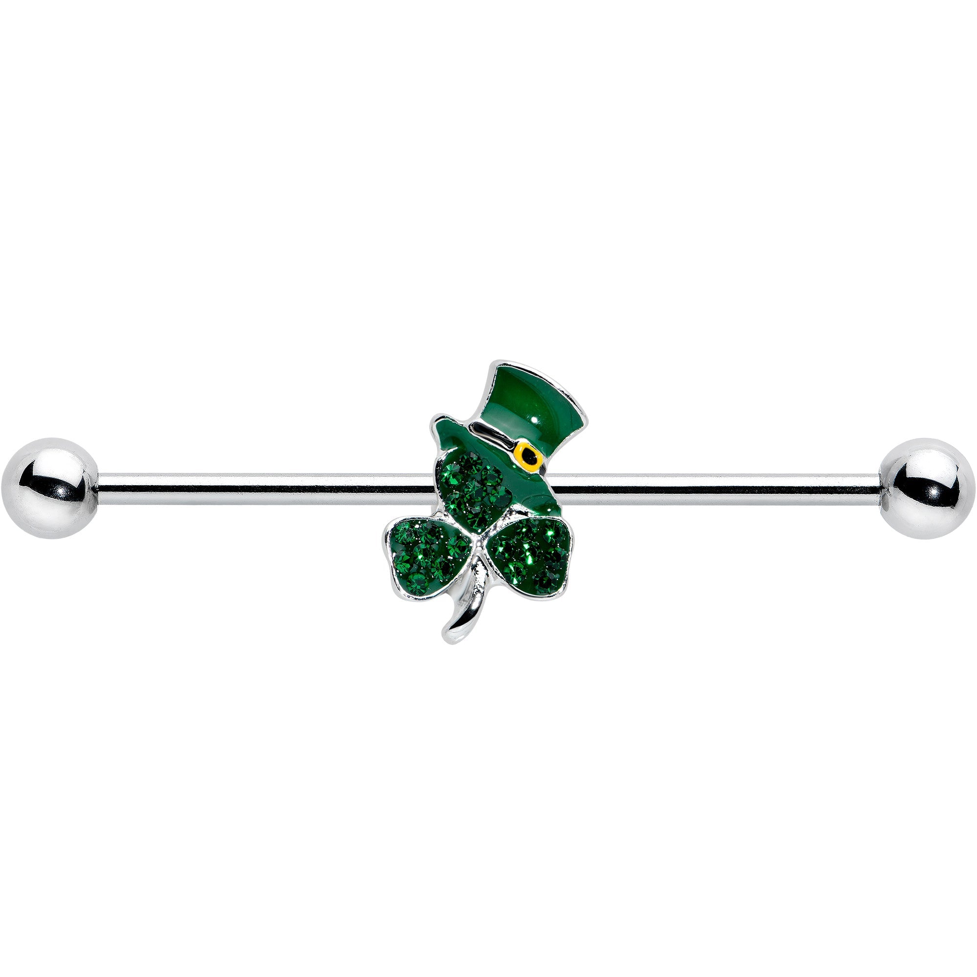 BodyCandy 14G Green Gem Top Hat Shamrock St Patricks Industrial Barbell 38mm — detail close-up