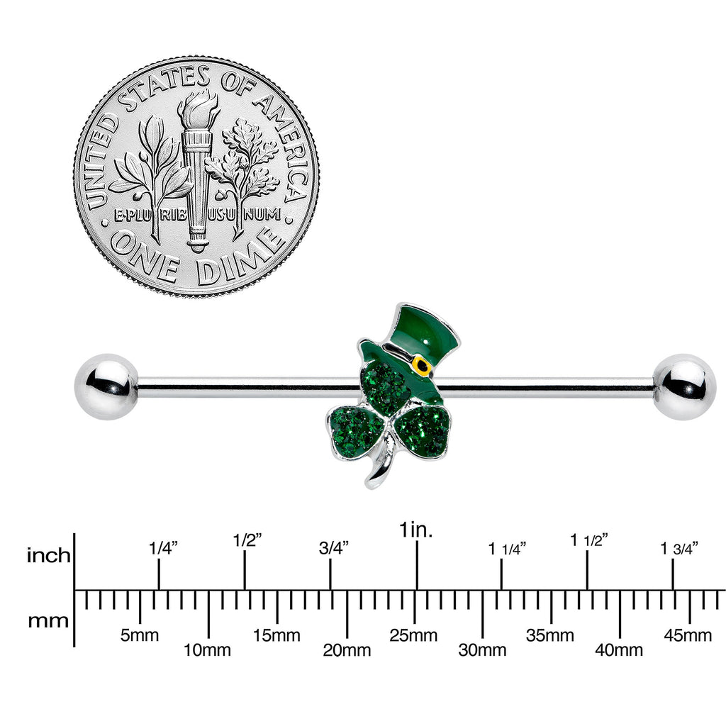 BodyCandy 14G Green Gem Top Hat Shamrock St Patricks Industrial Barbell 38mm — lifestyle context