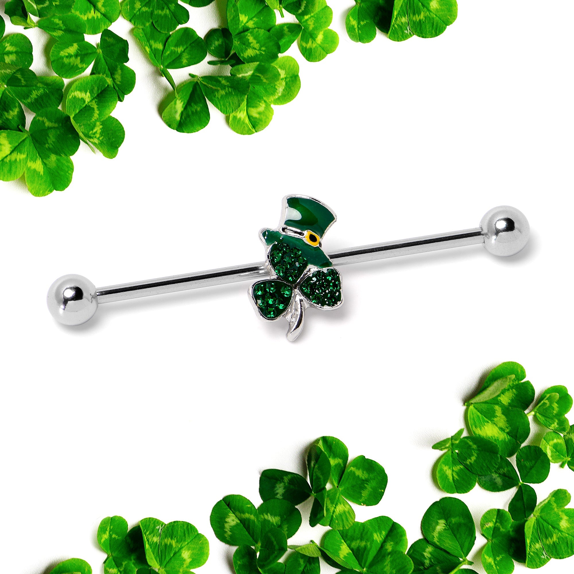BodyCandy 14G Green Gem Top Hat Shamrock St Patricks Industrial Barbell 38mm — side view