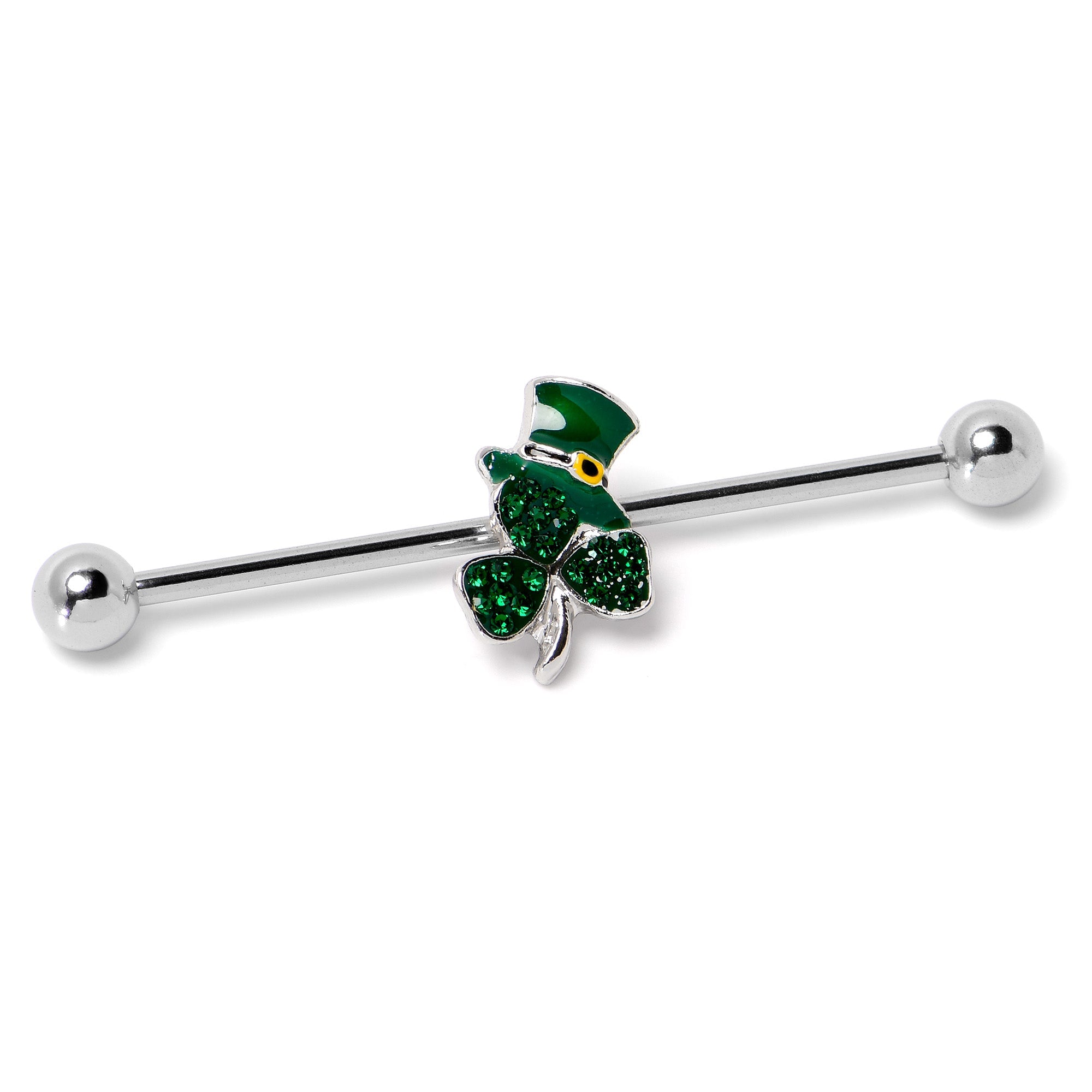 BodyCandy 14G Green Gem Top Hat Shamrock St Patricks Industrial Barbell 38mm — back view