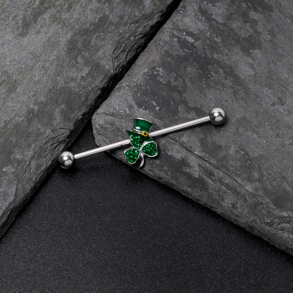 BodyCandy 14G Green Gem Top Hat Shamrock St Patricks Industrial Barbell 38mm — in-use photo