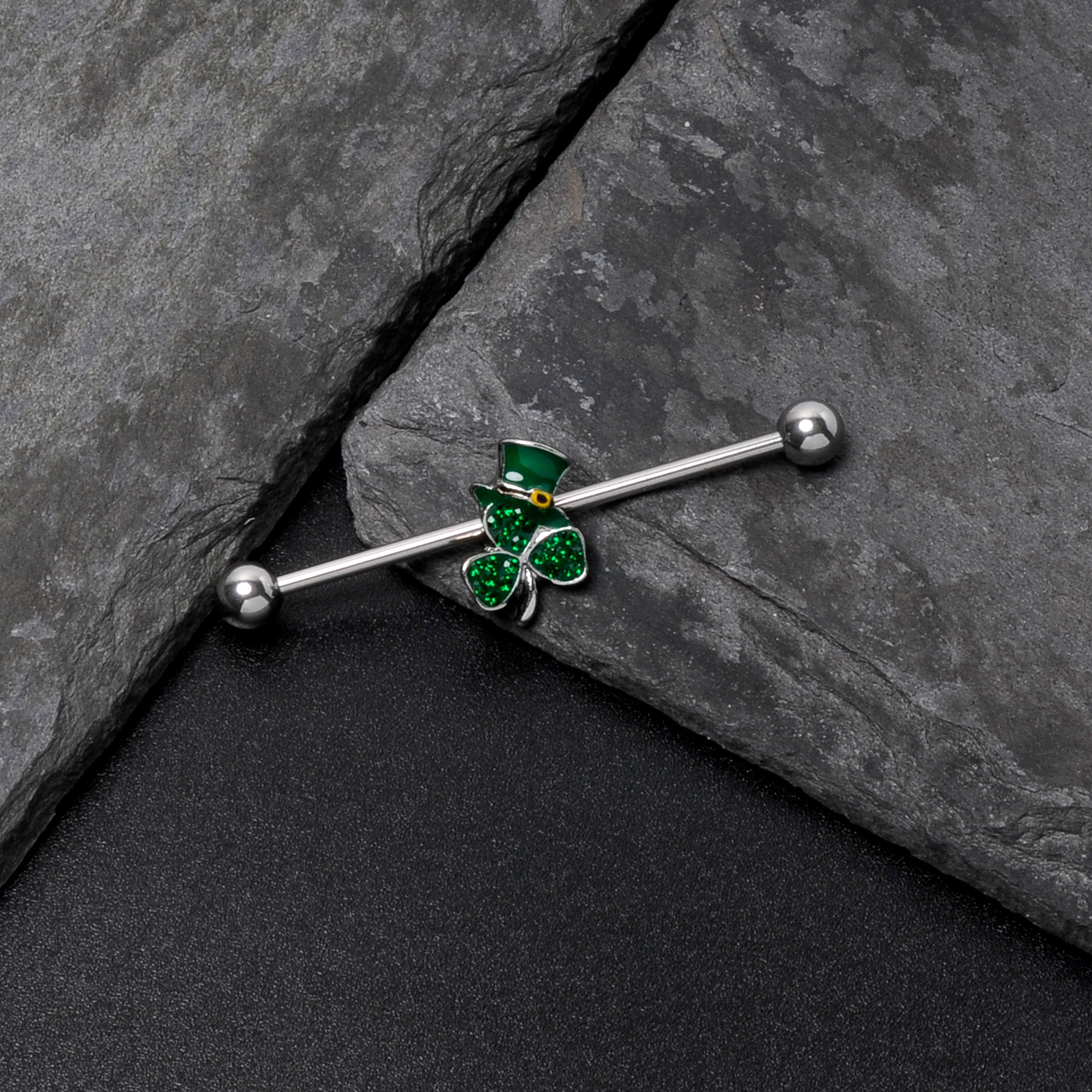 BodyCandy 14G Green Gem Top Hat Shamrock St Patricks Industrial Barbell 38mm — in-use photo