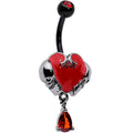 BodyCandy Red CZ Gem Black Double Skull Heart Dangle Belly Ring — main product shot