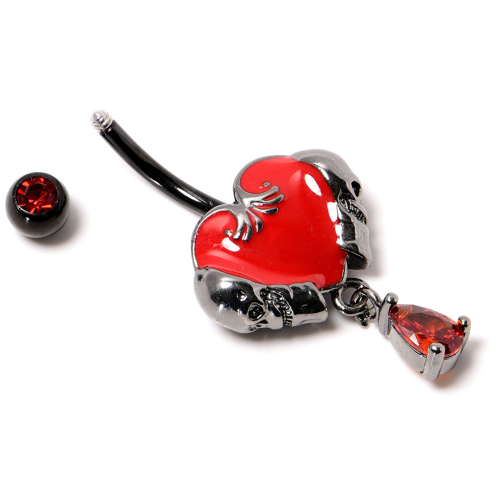 BodyCandy Red CZ Gem Black Double Skull Heart Dangle Belly Ring — lifestyle context